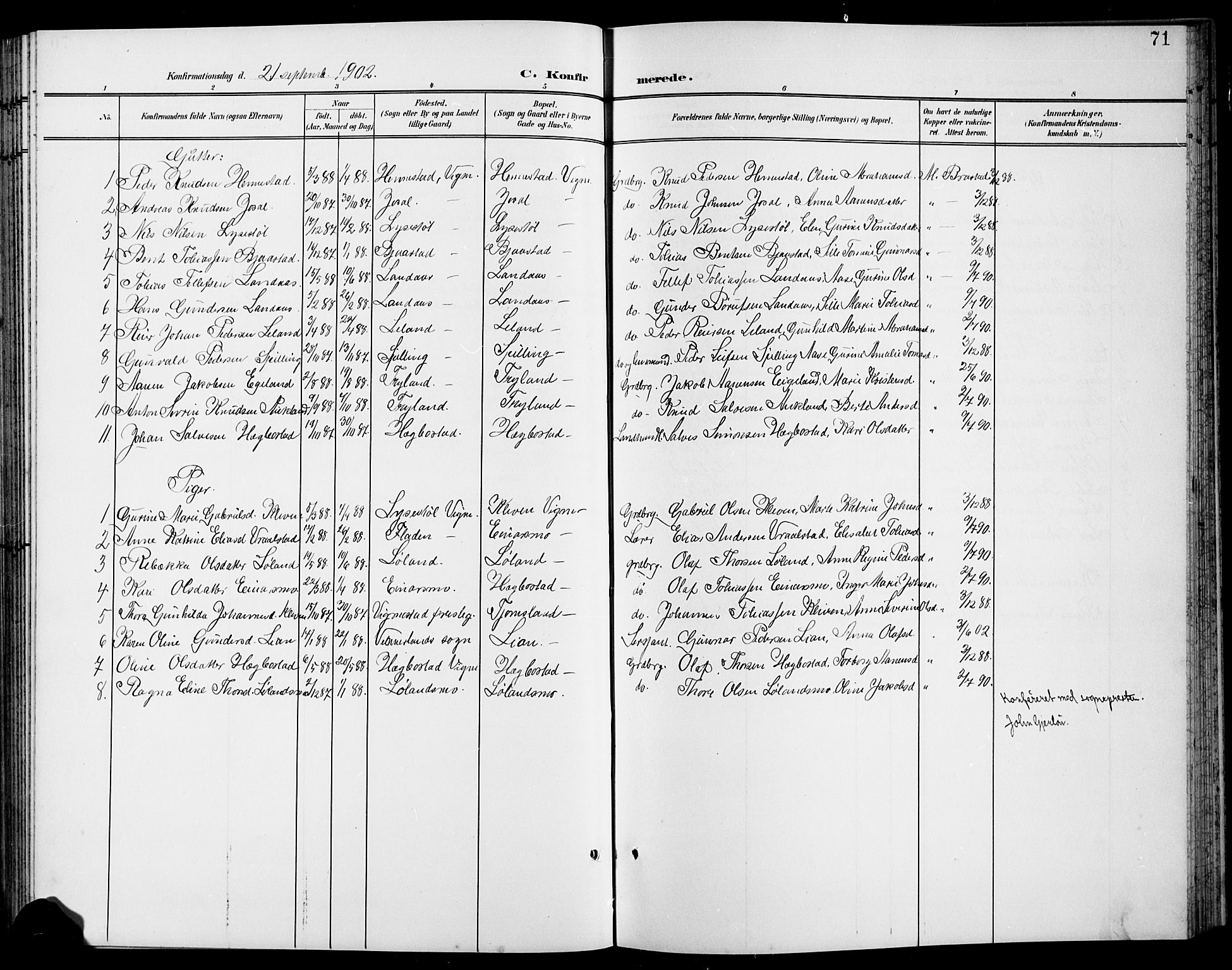 Nord-Audnedal sokneprestkontor, AV/SAK-1111-0032/F/Fb/Fbb/L0004: Parish register (copy) no. B 4, 1901-1917, p. 71