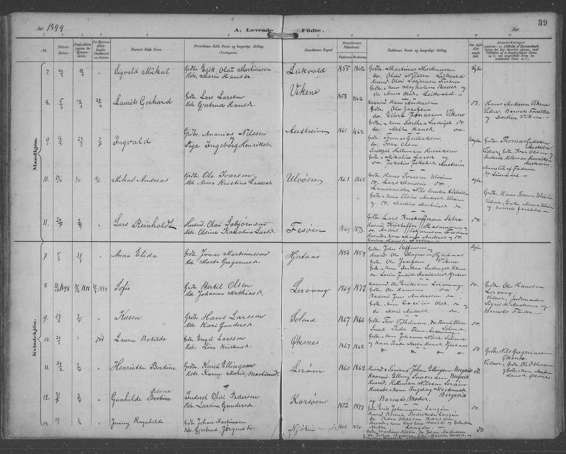 Lindås Sokneprestembete, SAB/A-76701/H/Hab: Parish register (copy) no. C 4, 1894-1910, p. 39