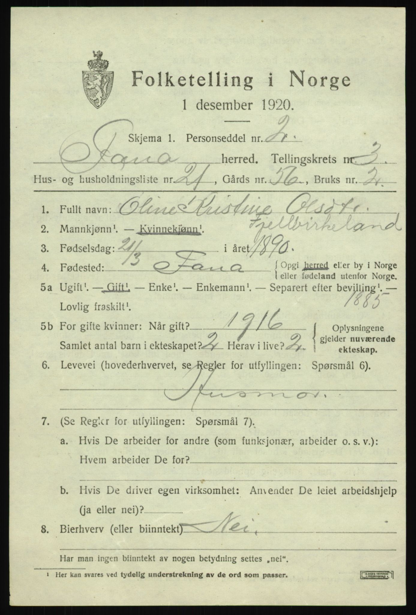 SAB, 1920 census for Fana, 1920, p. 5343