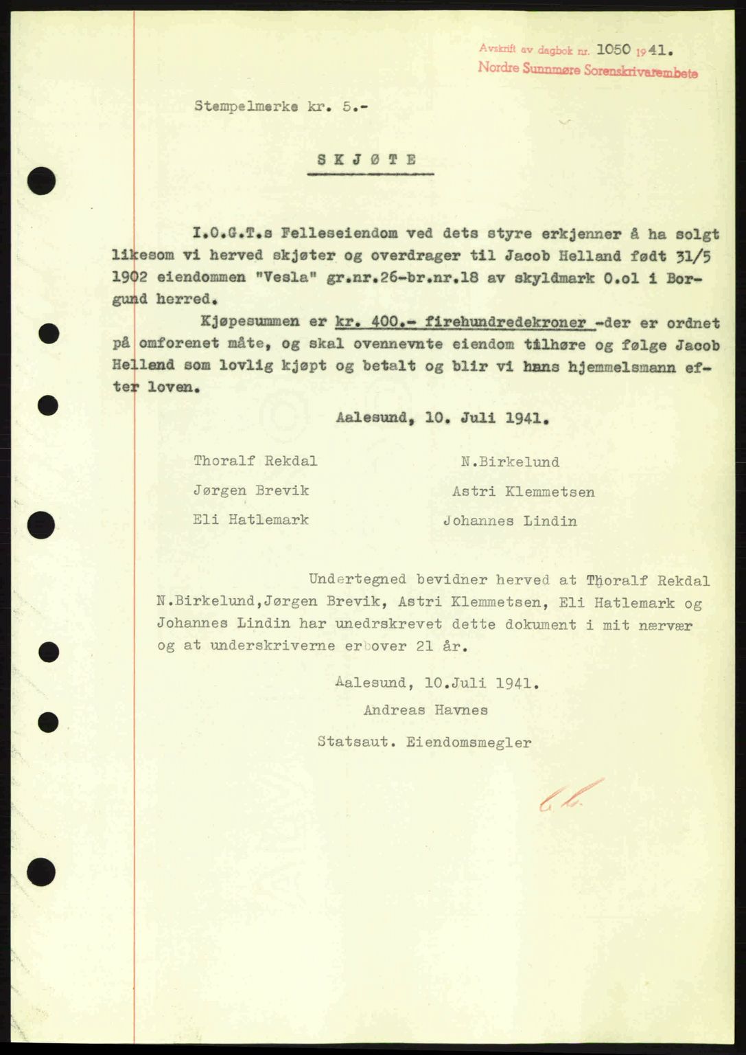 Nordre Sunnmøre sorenskriveri, AV/SAT-A-0006/1/2/2C/2Ca: Mortgage book no. A11, 1941-1941, Diary no: : 1050/1941