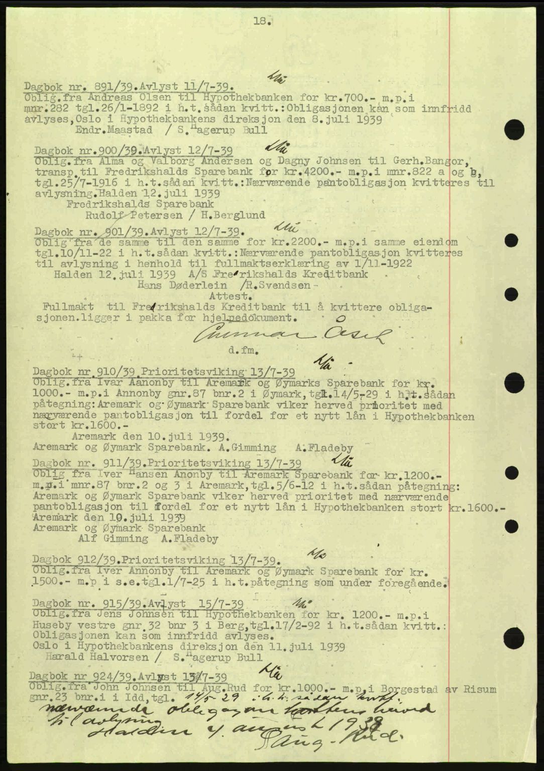 Idd og Marker sorenskriveri, AV/SAO-A-10283/G/Gb/Gbc/L0002: Mortgage book no. B4-9a, 1939-1945, Diary no: : 891/1939