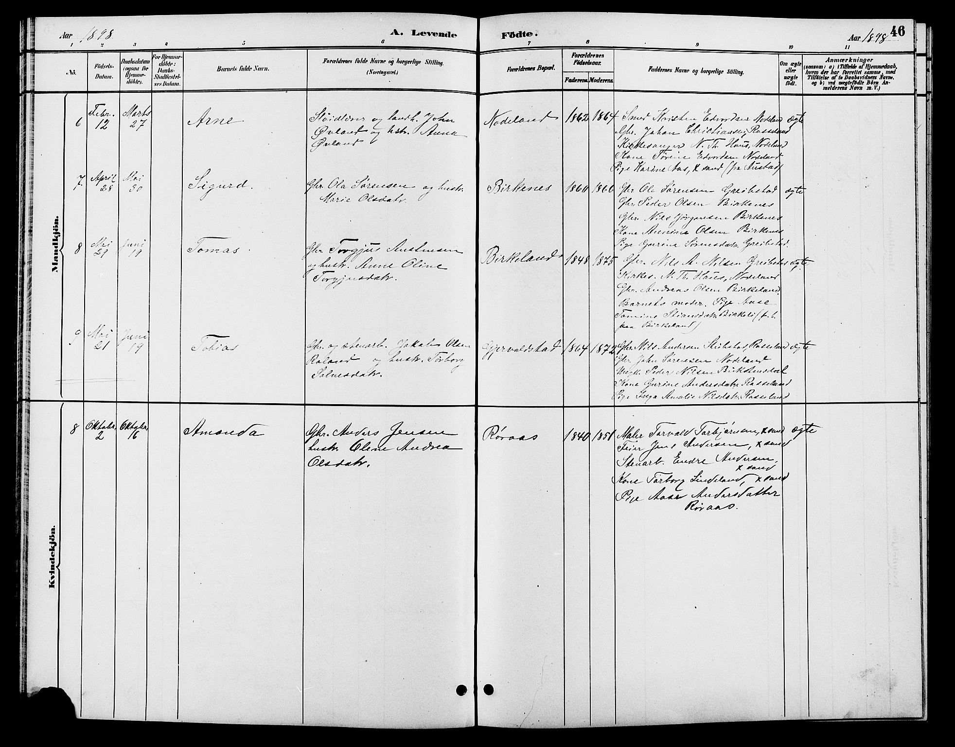 Søgne sokneprestkontor, SAK/1111-0037/F/Fb/Fba/L0004: Parish register (copy) no. B 4, 1888-1903, p. 46