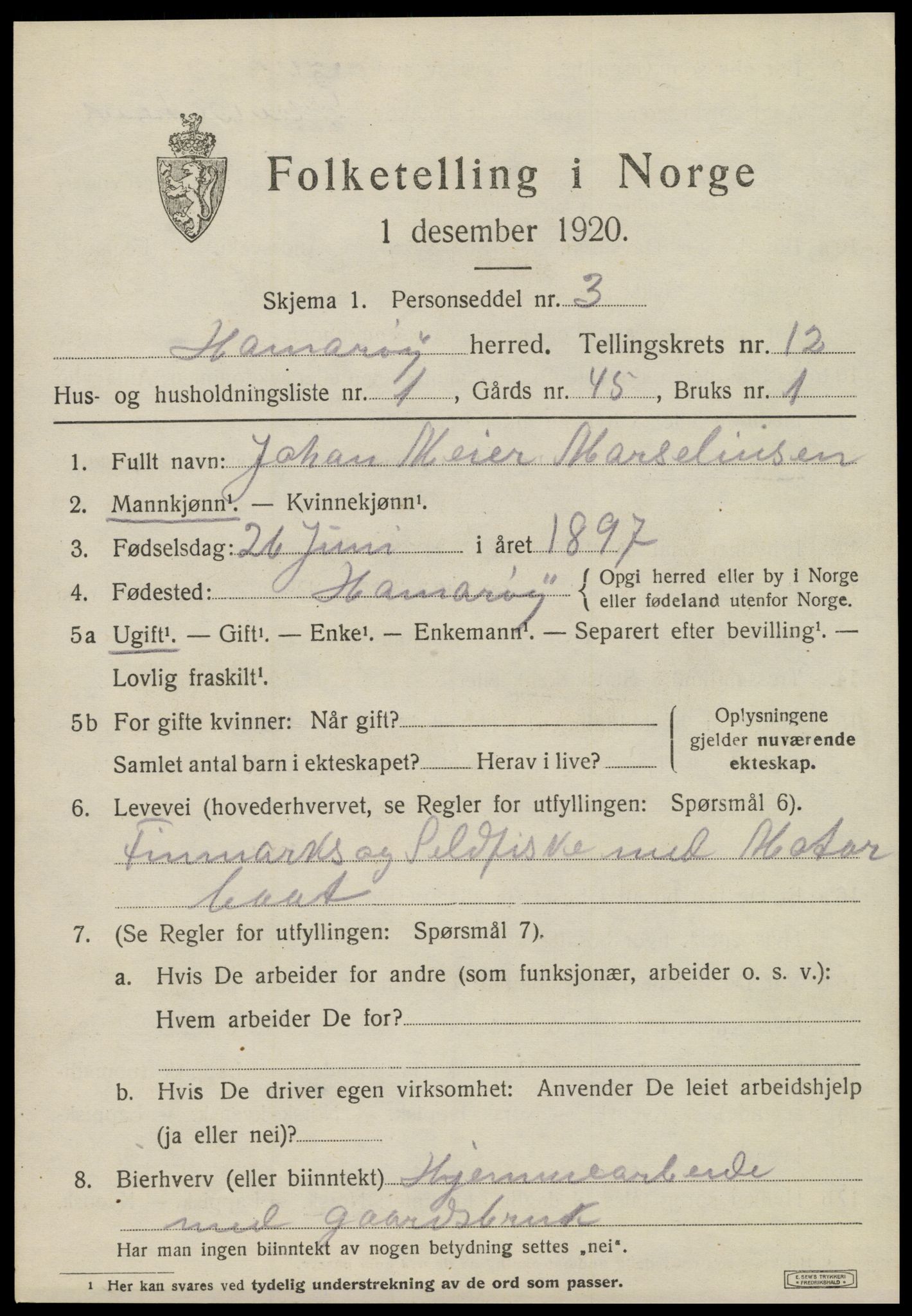 SAT, 1920 census for Hamarøy, 1920, p. 5678