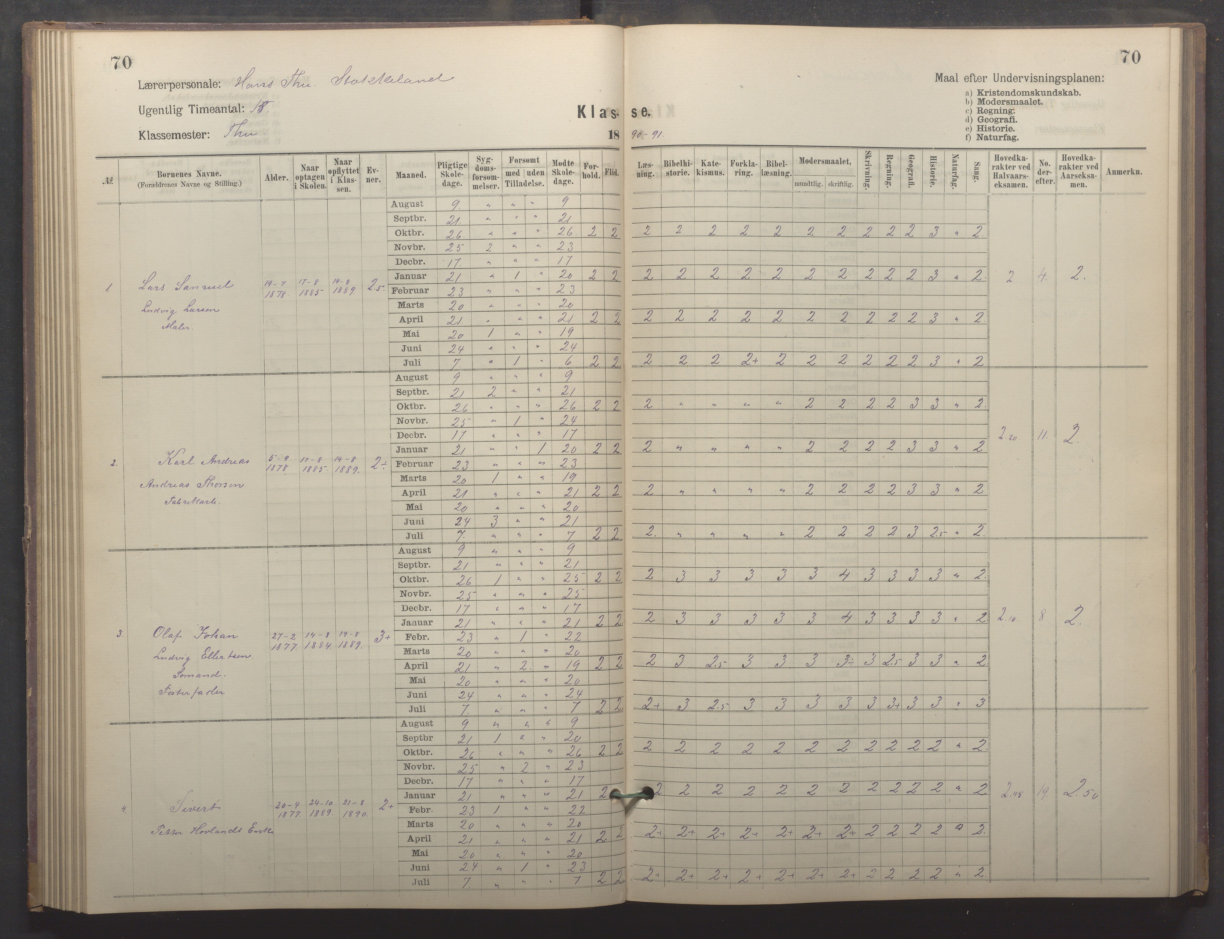 Egersund kommune (Ladested) - Egersund almueskole/folkeskole, IKAR/K-100521/H/L0022: Skoleprotokoll - Almueskolen, 5. klasse, 1886-1892, p. 70