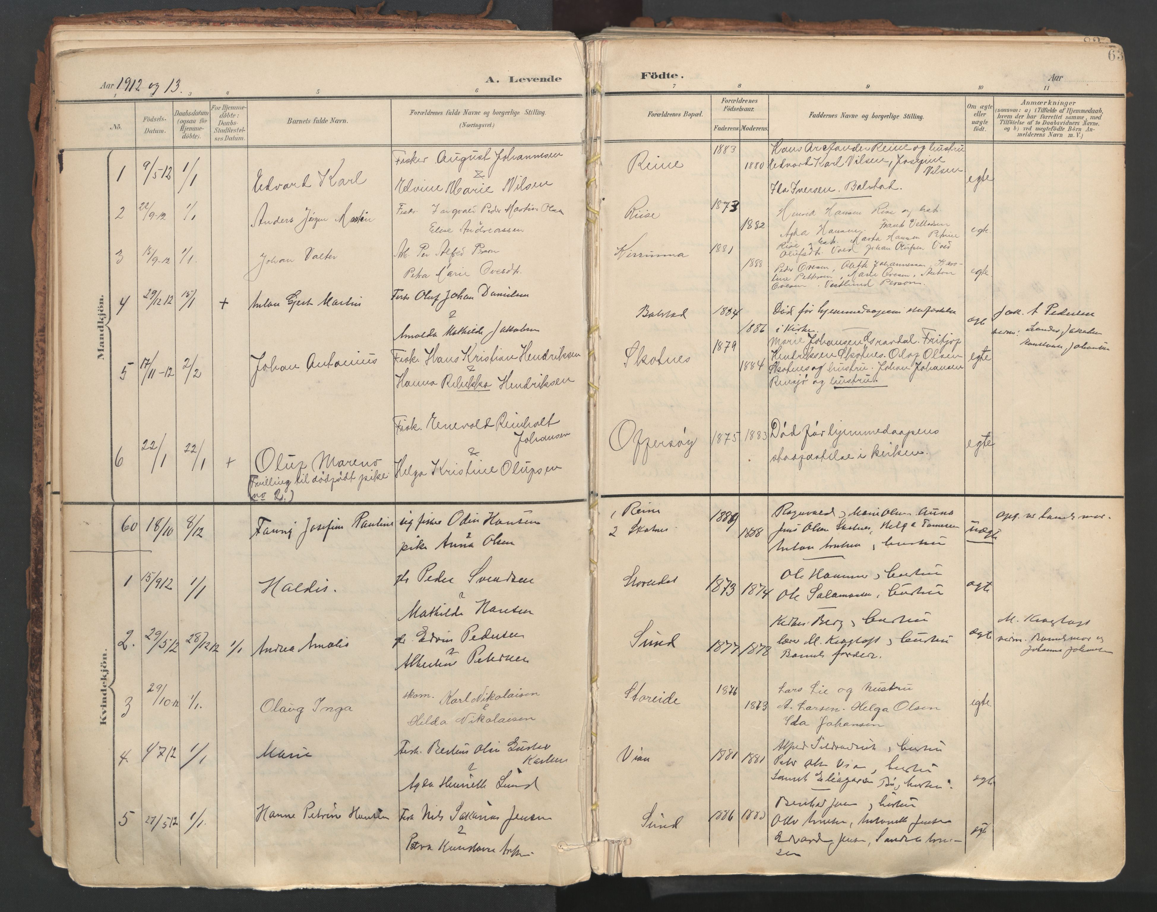 Ministerialprotokoller, klokkerbøker og fødselsregistre - Nordland, SAT/A-1459/881/L1154: Parish register (official) no. 881A07, 1907-1918, p. 63