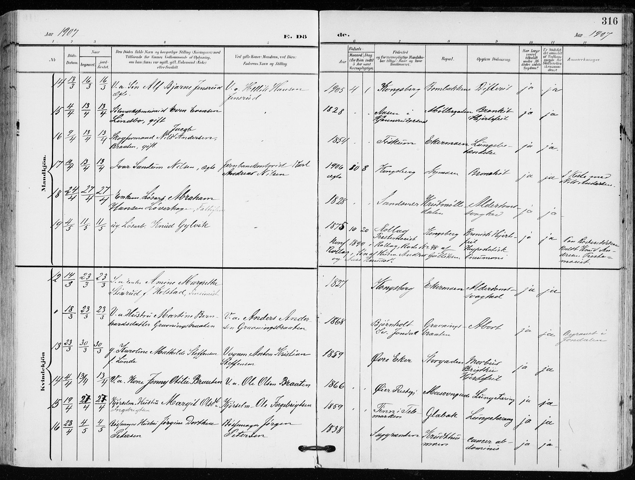 Kongsberg kirkebøker, AV/SAKO-A-22/F/Fb/L0004: Parish register (official) no. II 4, 1906-1918, p. 316