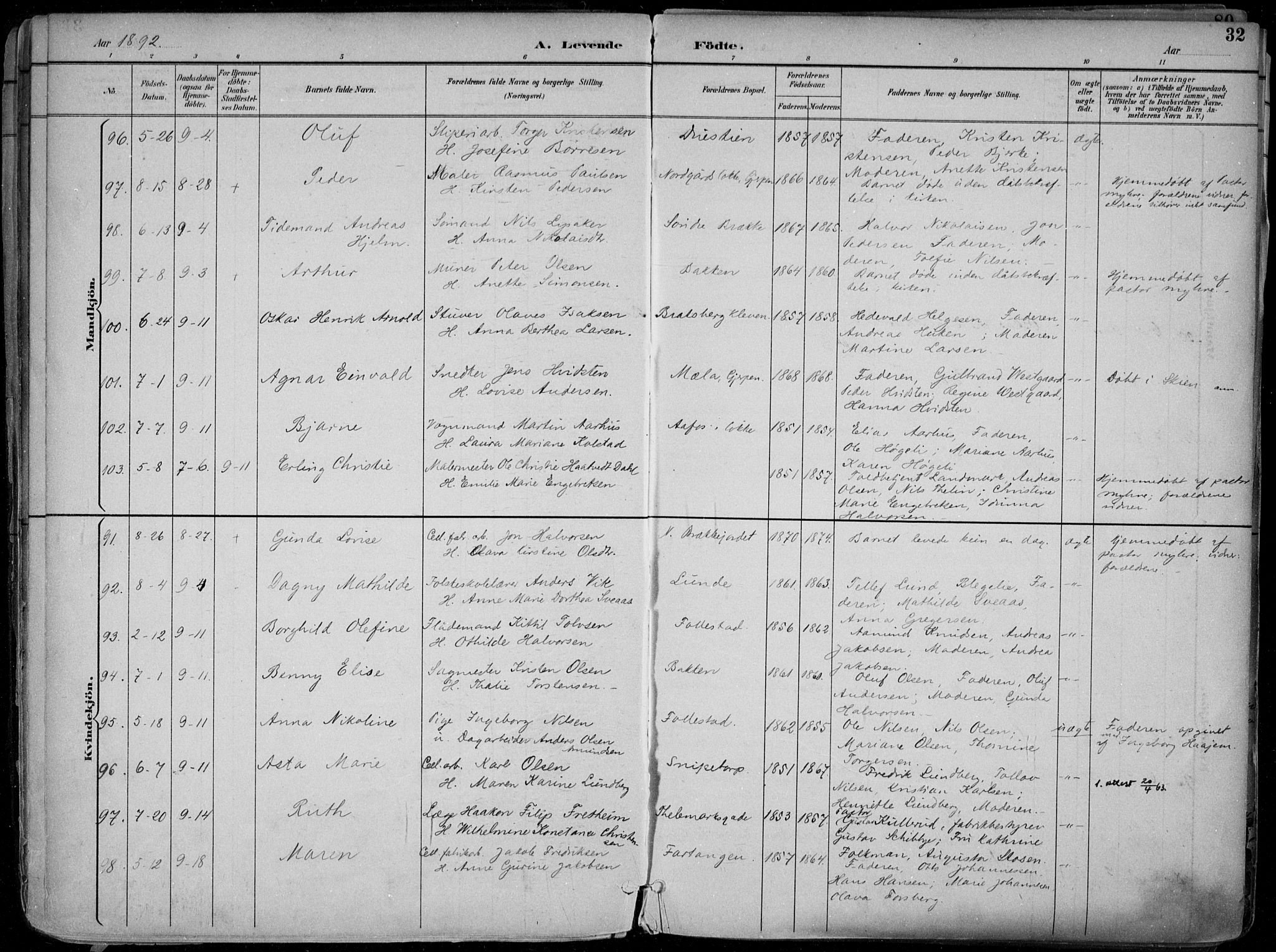 Skien kirkebøker, AV/SAKO-A-302/F/Fa/L0010: Parish register (official) no. 10, 1891-1899, p. 32