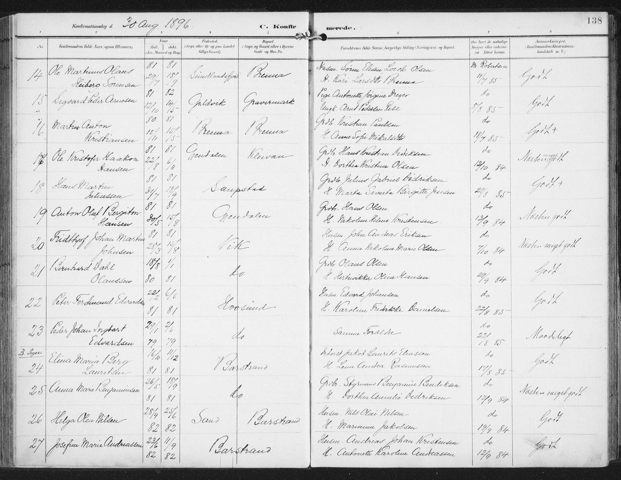 Ministerialprotokoller, klokkerbøker og fødselsregistre - Nordland, SAT/A-1459/876/L1098: Parish register (official) no. 876A04, 1896-1915, p. 138