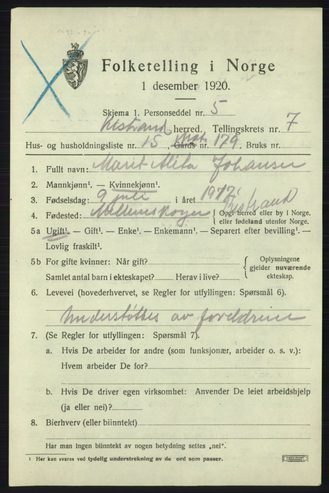 SATØ, 1920 census for Kistrand, 1920, p. 4408