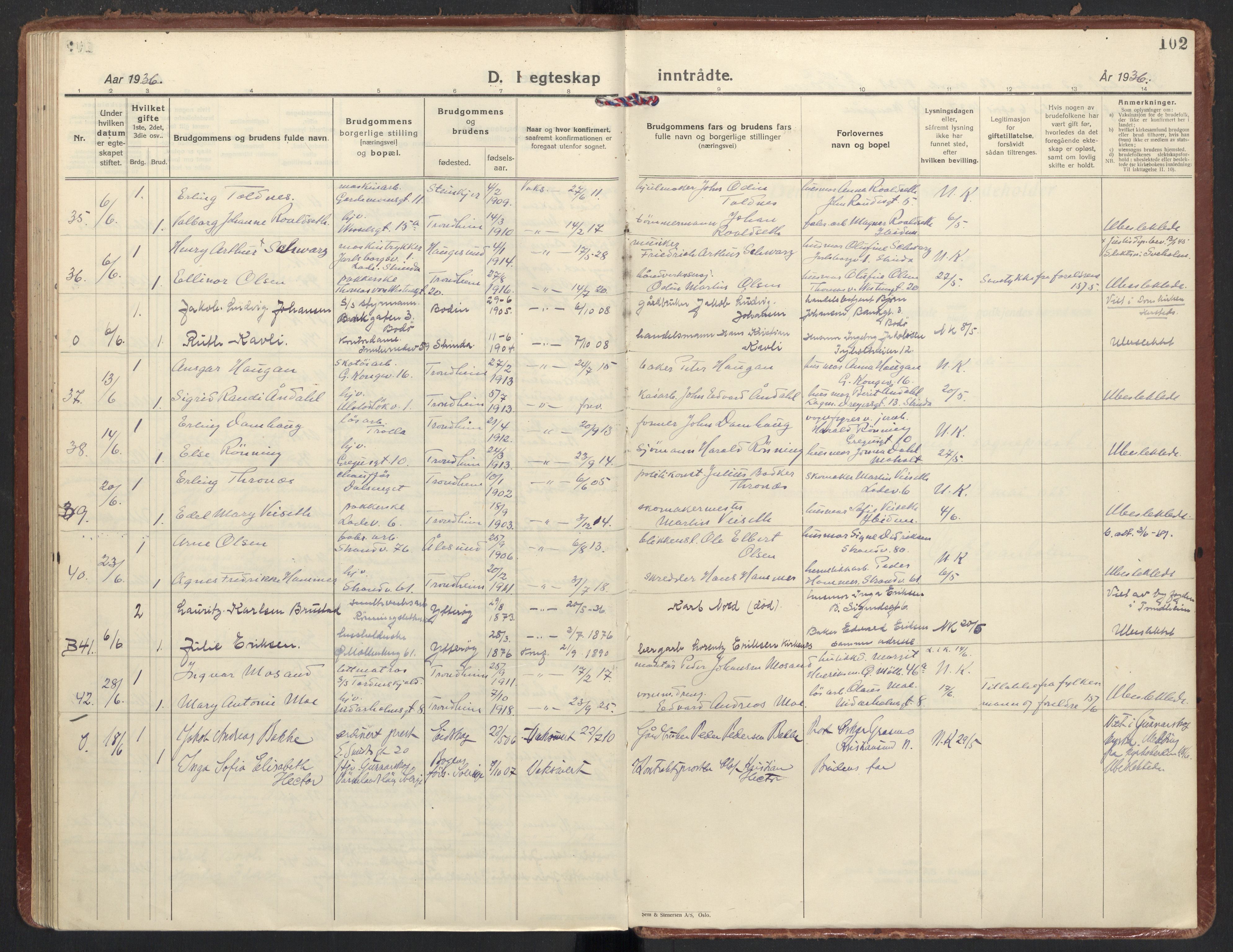 Ministerialprotokoller, klokkerbøker og fødselsregistre - Sør-Trøndelag, SAT/A-1456/605/L0249: Parish register (official) no. 605A11, 1925-1936, p. 102