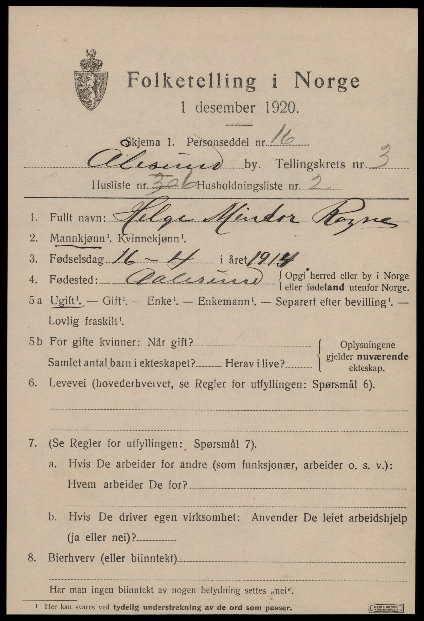 SAT, 1920 census for Ålesund, 1920, p. 12274