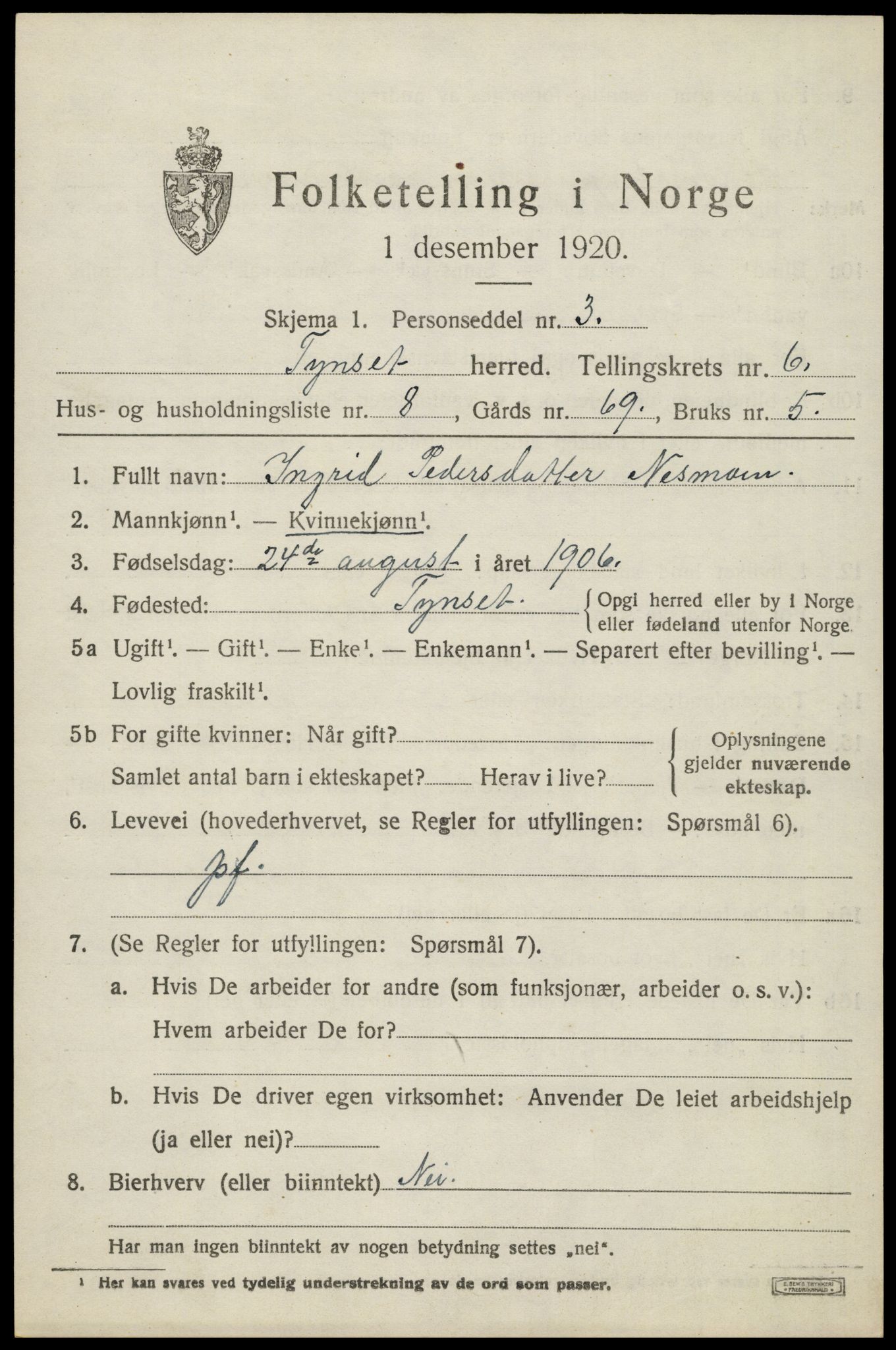 SAH, 1920 census for Tynset, 1920, p. 5620