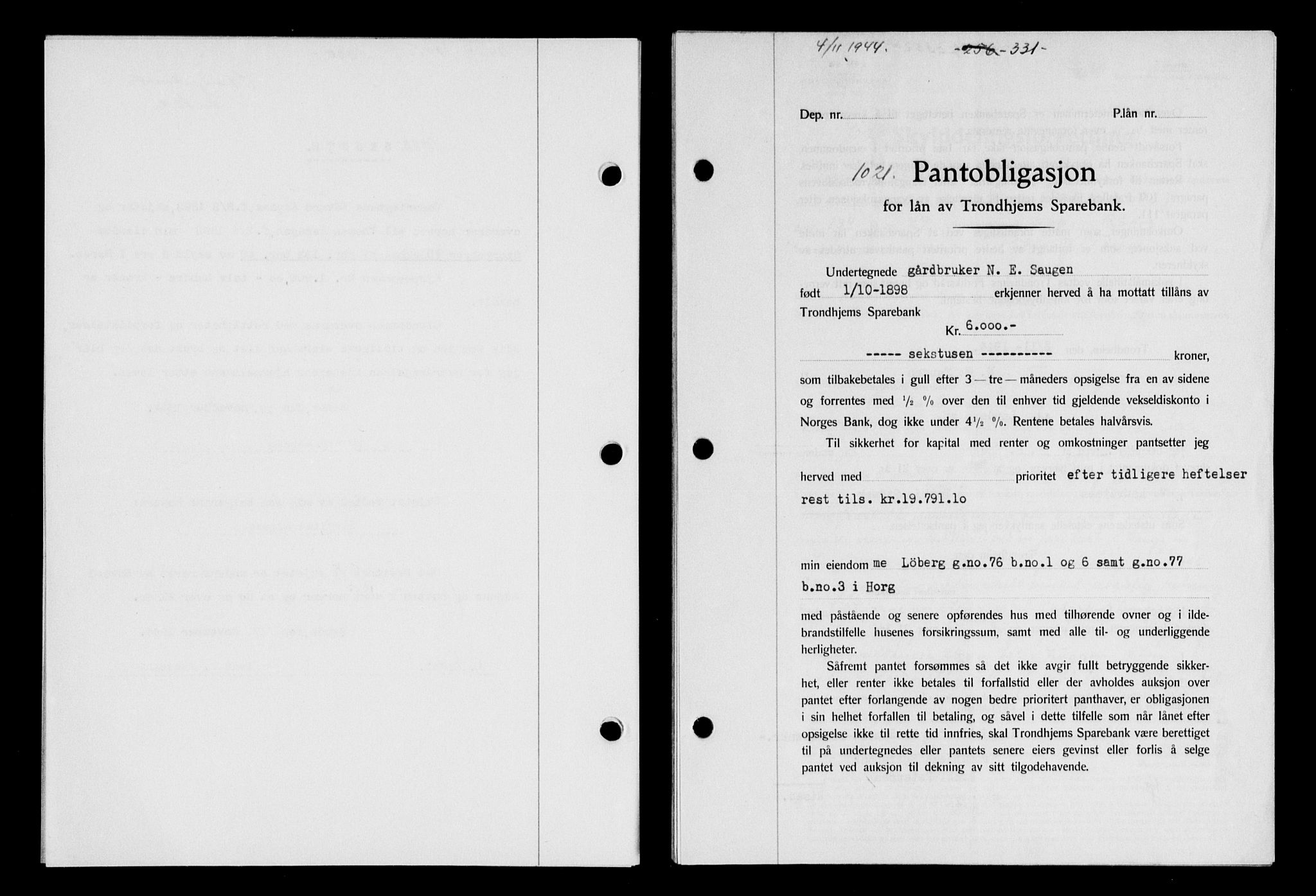 Gauldal sorenskriveri, SAT/A-0014/1/2/2C/L0058: Mortgage book no. 63, 1944-1945, Diary no: : 1021/1944