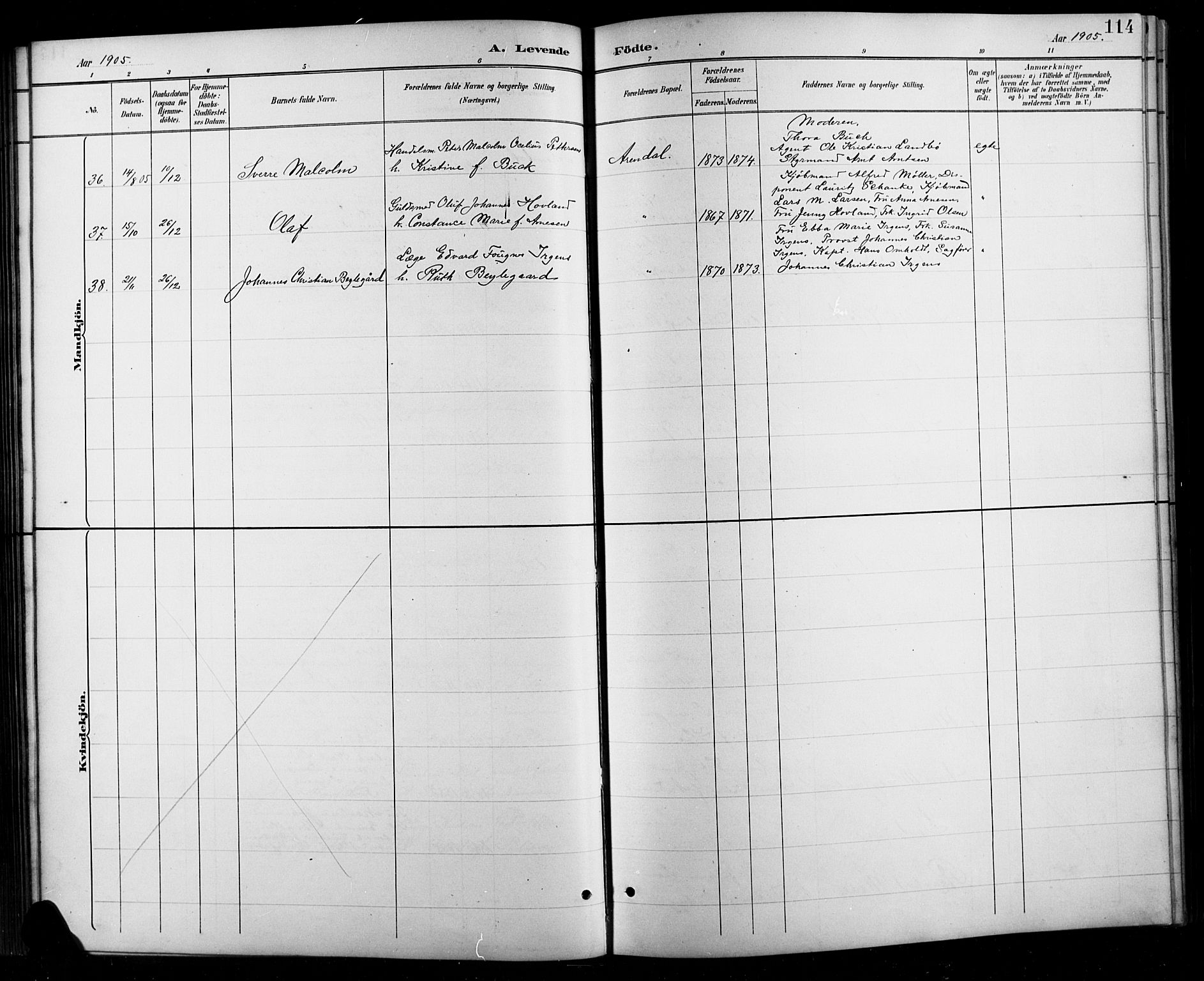 Arendal sokneprestkontor, Trefoldighet, SAK/1111-0040/F/Fb/L0006: Parish register (copy) no. B 6, 1889-1916, p. 114