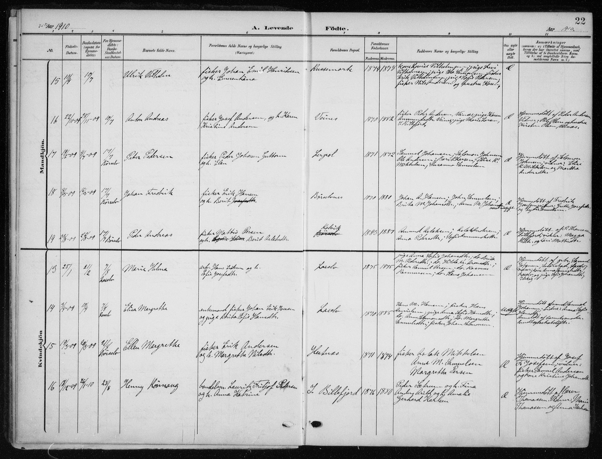 Kistrand/Porsanger sokneprestembete, SATØ/S-1351/H/Ha/L0014.kirke: Parish register (official) no. 14, 1908-1917, p. 22