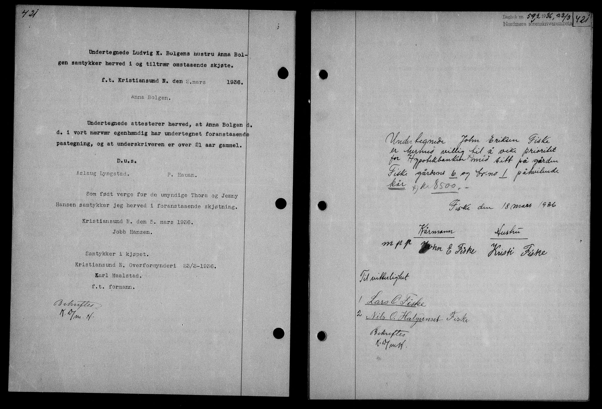 Nordmøre sorenskriveri, AV/SAT-A-4132/1/2/2Ca/L0087: Mortgage book no. 77, 1935-1936, Deed date: 23.03.1936