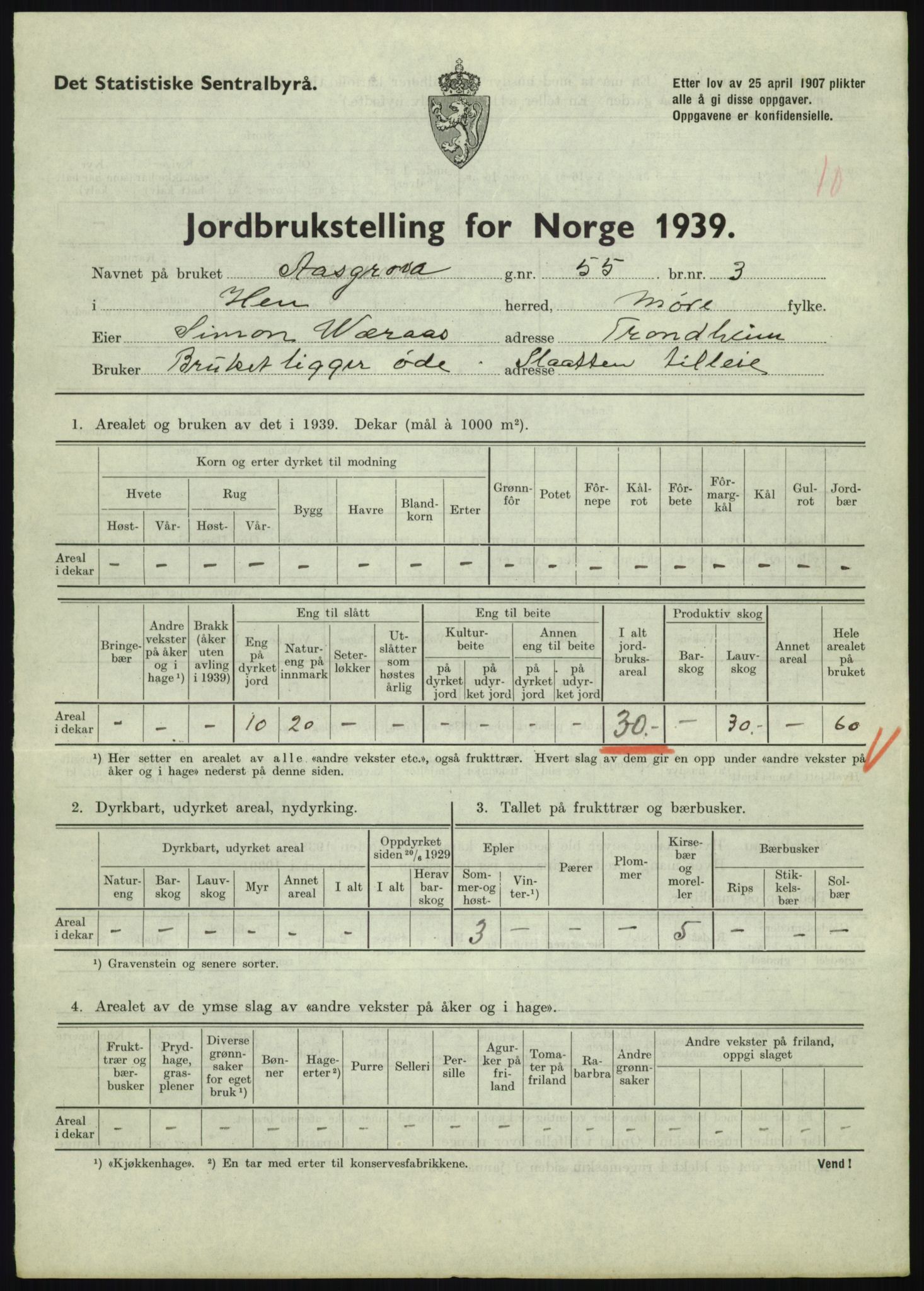 Statistisk sentralbyrå, Næringsøkonomiske emner, Jordbruk, skogbruk, jakt, fiske og fangst, AV/RA-S-2234/G/Gb/L0251: Møre og Romsdal: Voll, Eid, Grytten og Hen, 1939, p. 1177