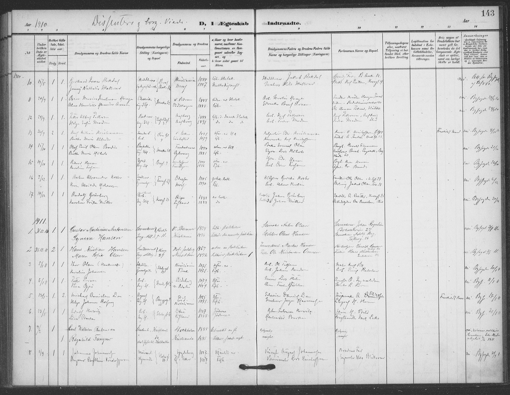 Jakob prestekontor Kirkebøker, SAO/A-10850/F/Fa/L0010: Parish register (official) no. 10, 1908-1922, p. 143