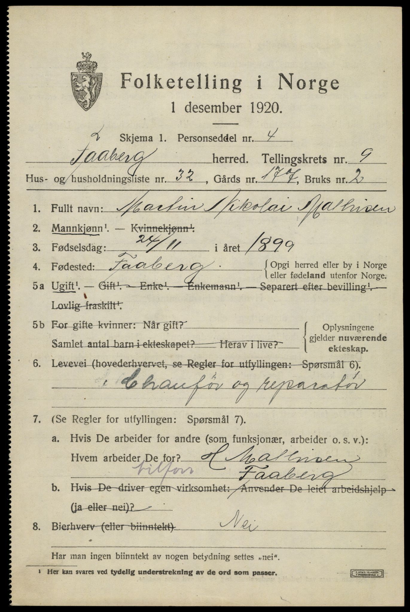 SAH, 1920 census for Fåberg, 1920, p. 10460