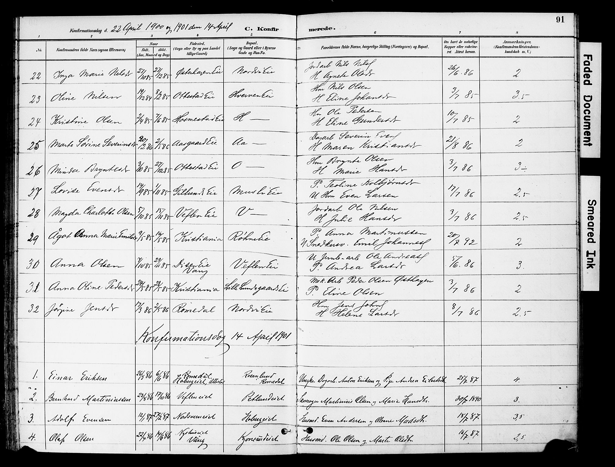 Stange prestekontor, SAH/PREST-002/K/L0021: Parish register (official) no. 21, 1891-1902, p. 91