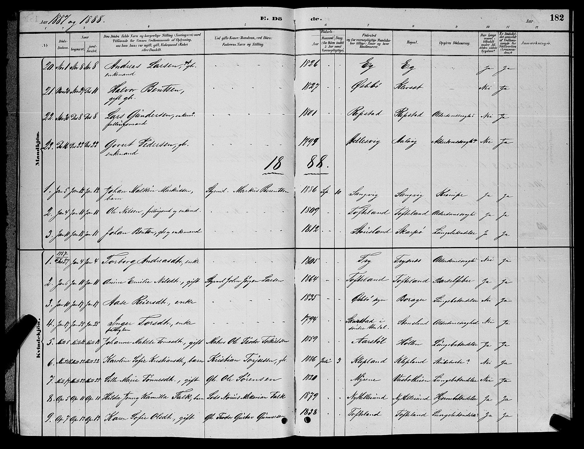Søgne sokneprestkontor, SAK/1111-0037/F/Fb/Fbb/L0005: Parish register (copy) no. B 5, 1884-1891, p. 182