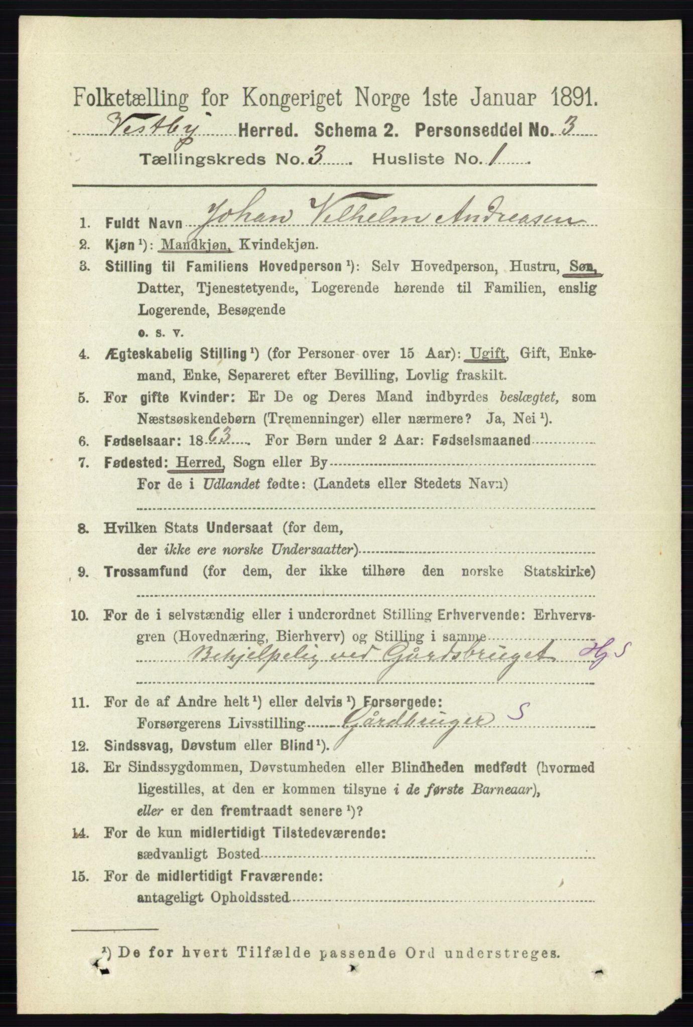 RA, 1891 census for 0211 Vestby, 1891, p. 1033