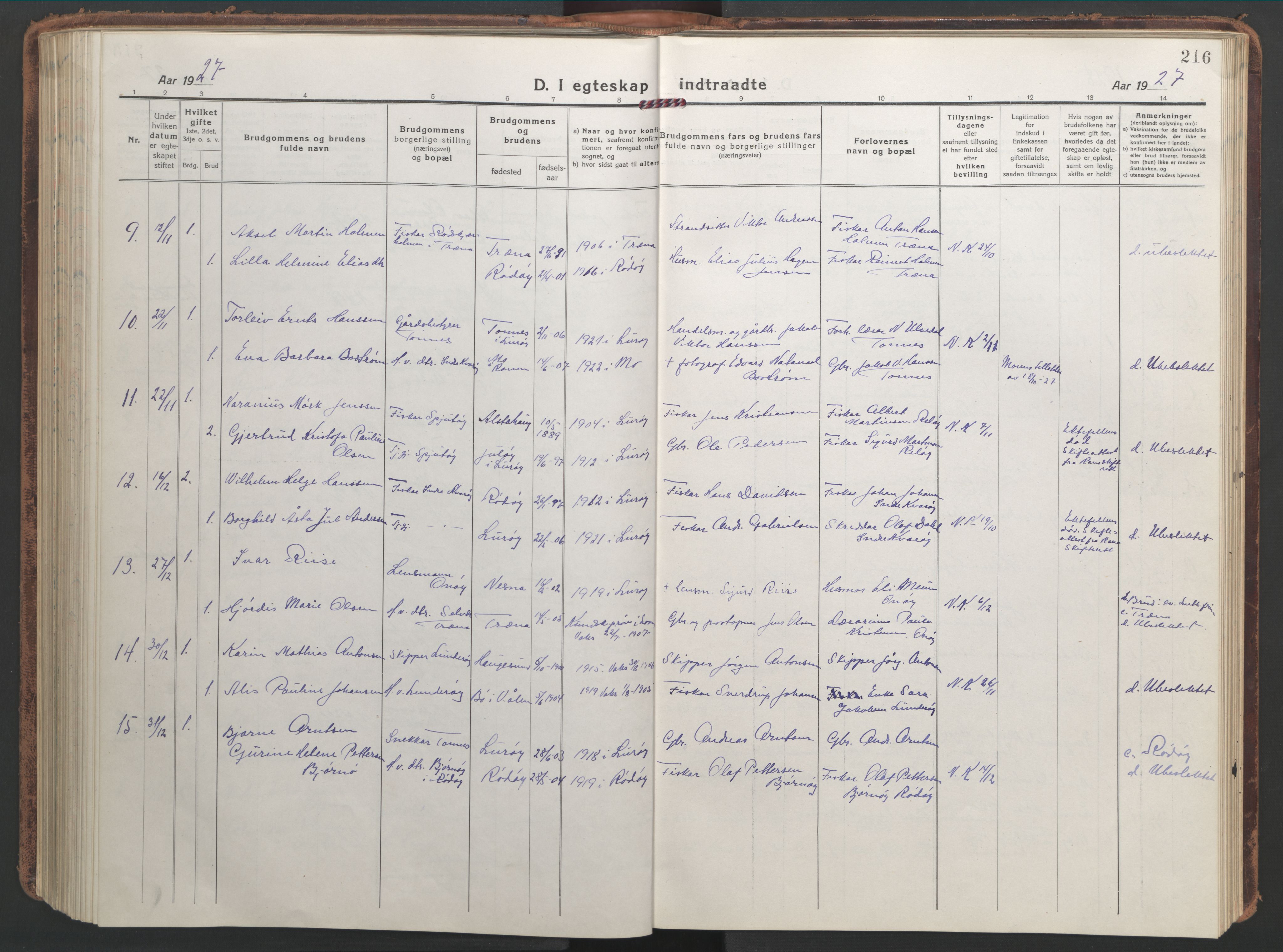 Ministerialprotokoller, klokkerbøker og fødselsregistre - Nordland, AV/SAT-A-1459/839/L0574: Parish register (copy) no. 839C04, 1918-1950, p. 216