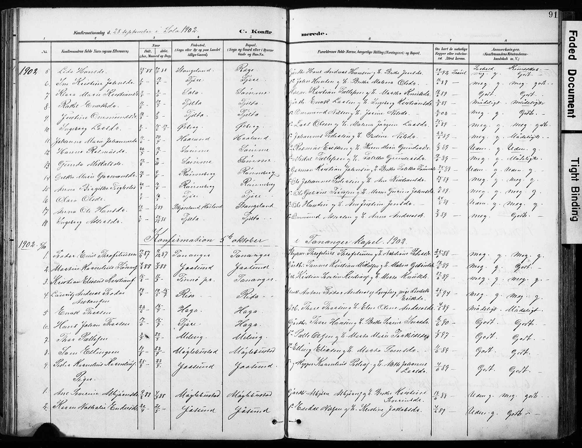 Håland sokneprestkontor, SAST/A-101802/001/30BA/L0013: Parish register (official) no. A 12, 1901-1913, p. 91