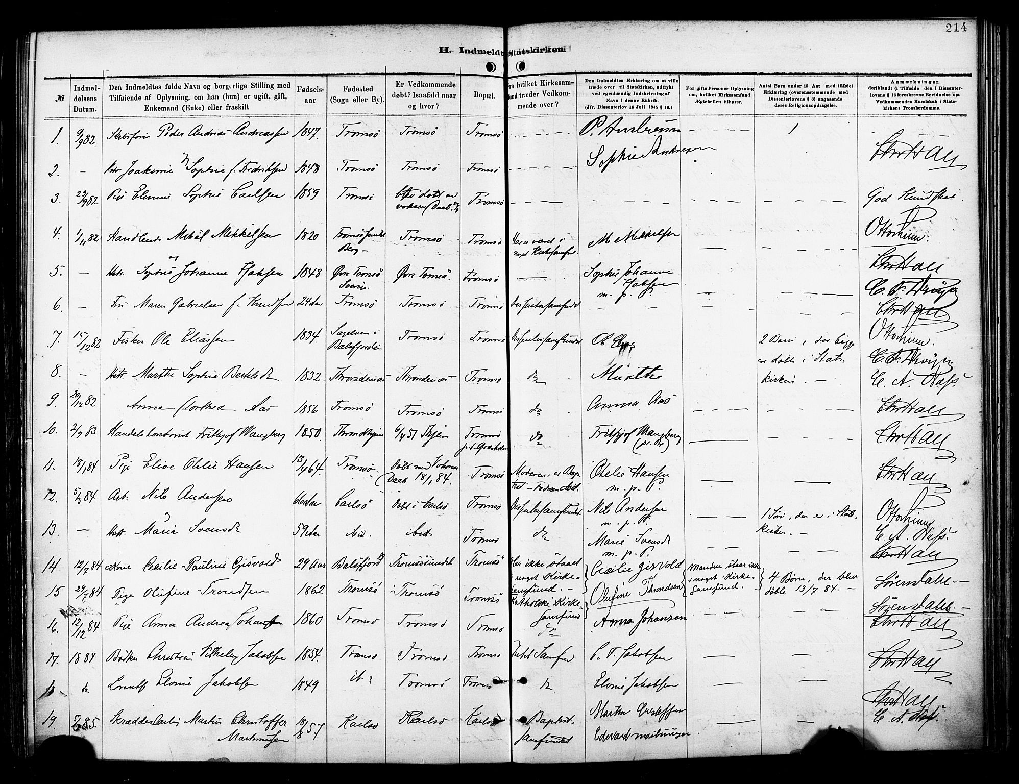 Tromsø sokneprestkontor/stiftsprosti/domprosti, SATØ/S-1343/G/Ga/L0014kirke: Parish register (official) no. 14, 1878-1888, p. 214