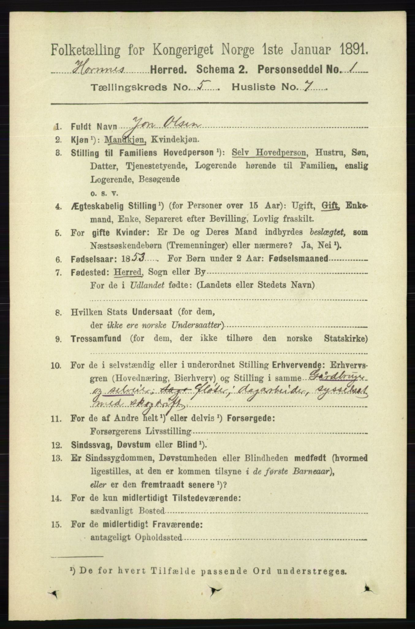 RA, 1891 census for 0936 Hornnes, 1891, p. 1396