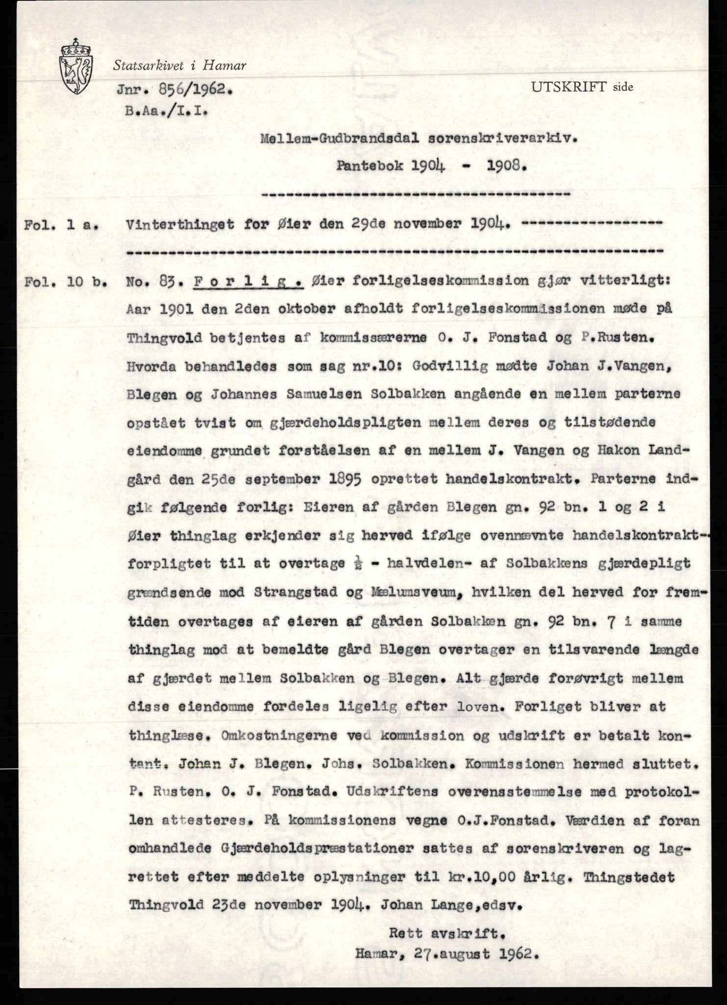 Avskriftssamlingen ved Statsarkivet i Hamar, SAH/AVSKRIFT-001/H/Hd/Hda/L0014: Pantebok for Mellom-Gudbrandsdal (Øyer, Ringebu, Sør-Fron), 1904-1908