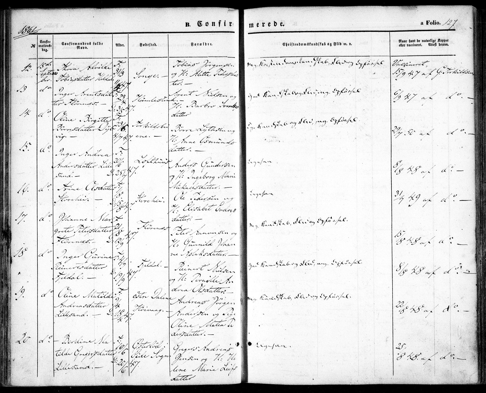 Vestre Moland sokneprestkontor, SAK/1111-0046/F/Fa/Fab/L0007: Parish register (official) no. A 7, 1859-1872, p. 127