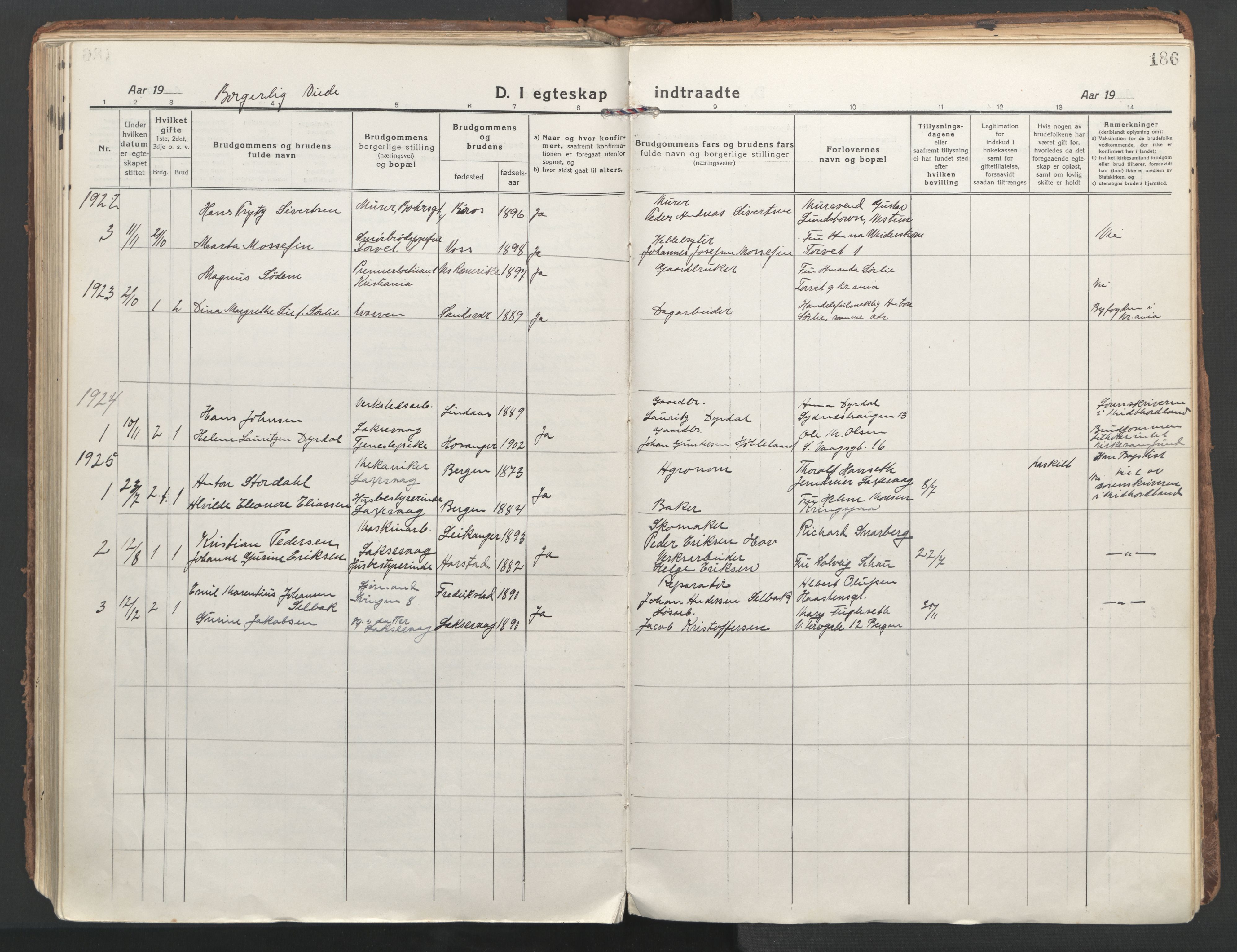 Laksevåg Sokneprestembete, AV/SAB-A-76501/H/Ha/Haa/Haaa/L0002: Parish register (official) no. A 2, 1917-1927, p. 186