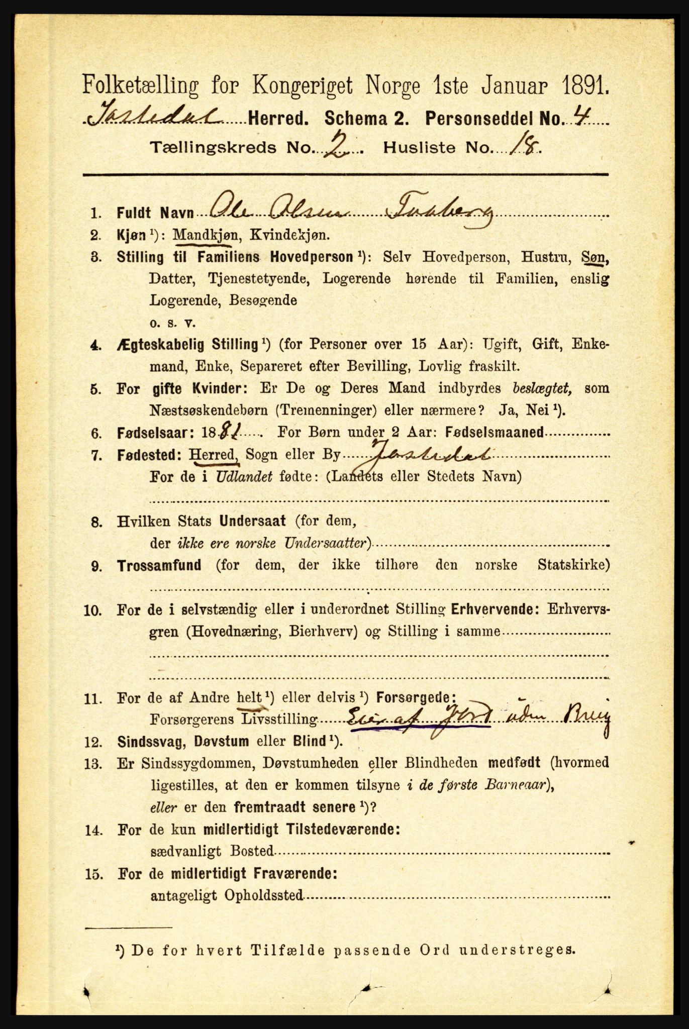 RA, 1891 census for 1427 Jostedal, 1891, p. 636