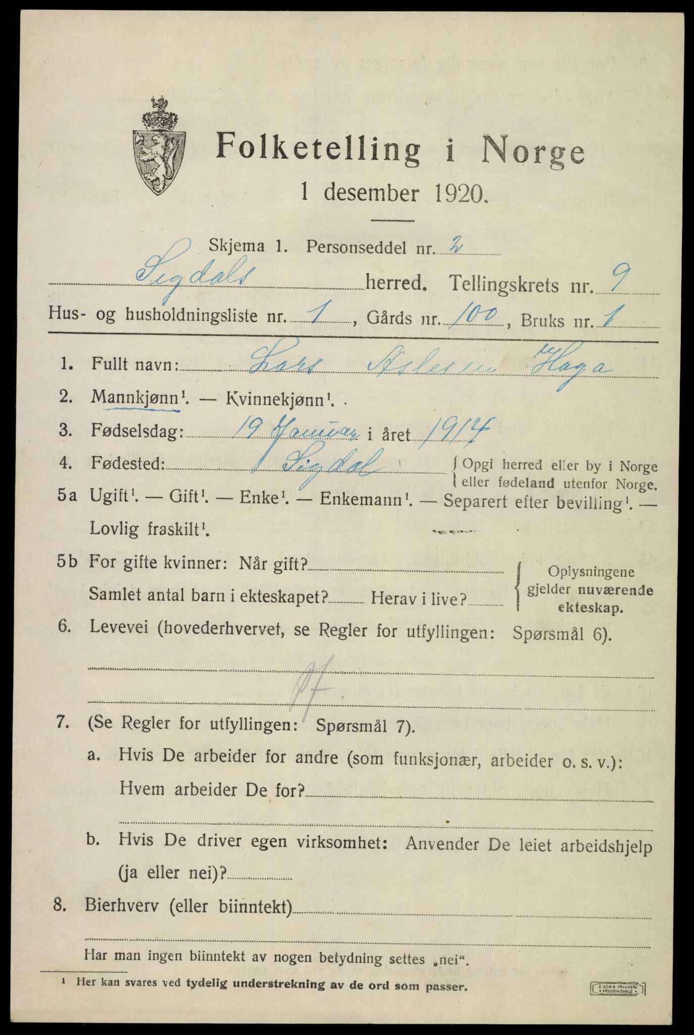 SAKO, 1920 census for Sigdal, 1920, p. 6374