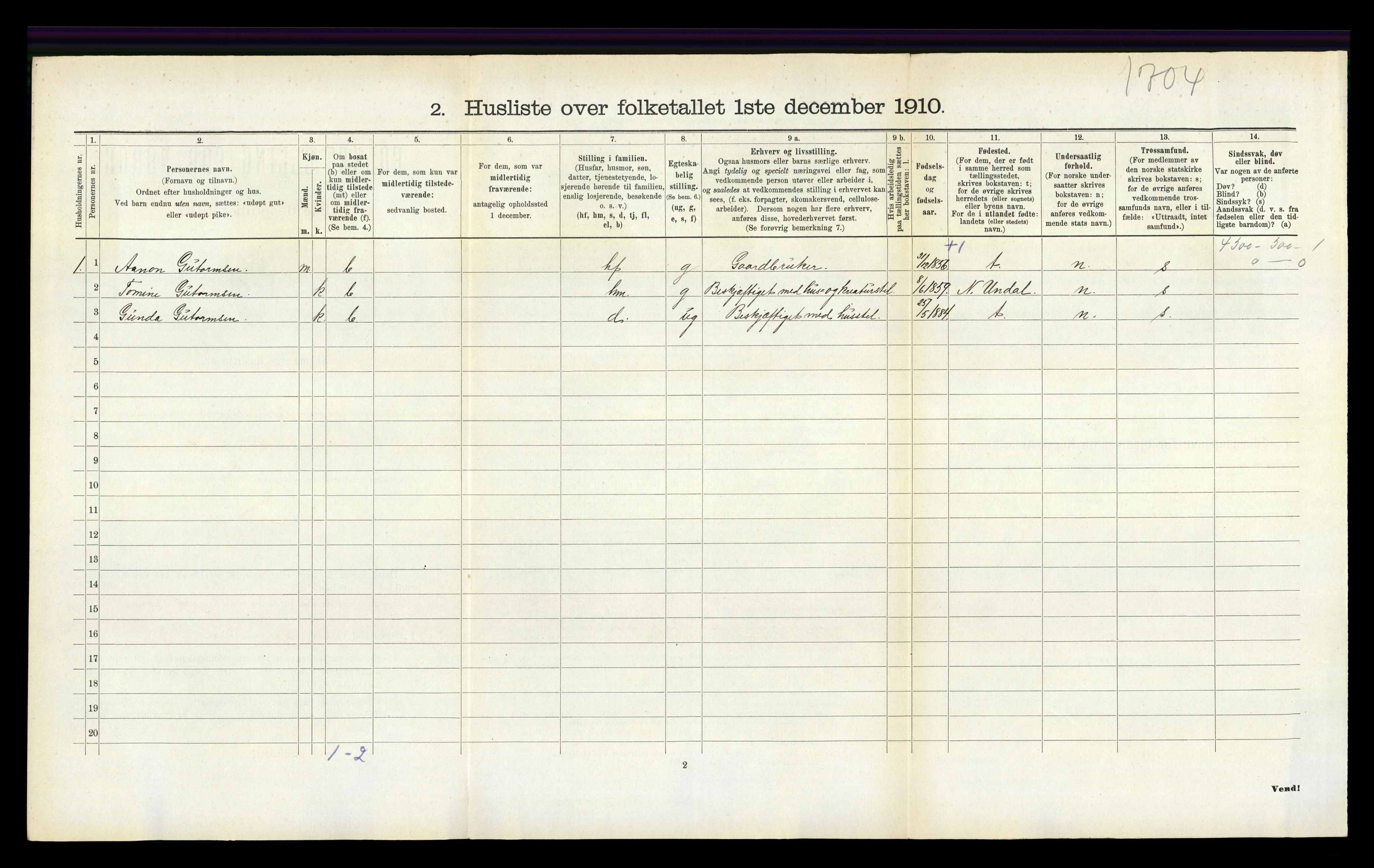 RA, 1910 census for Vestre Moland, 1910, p. 713
