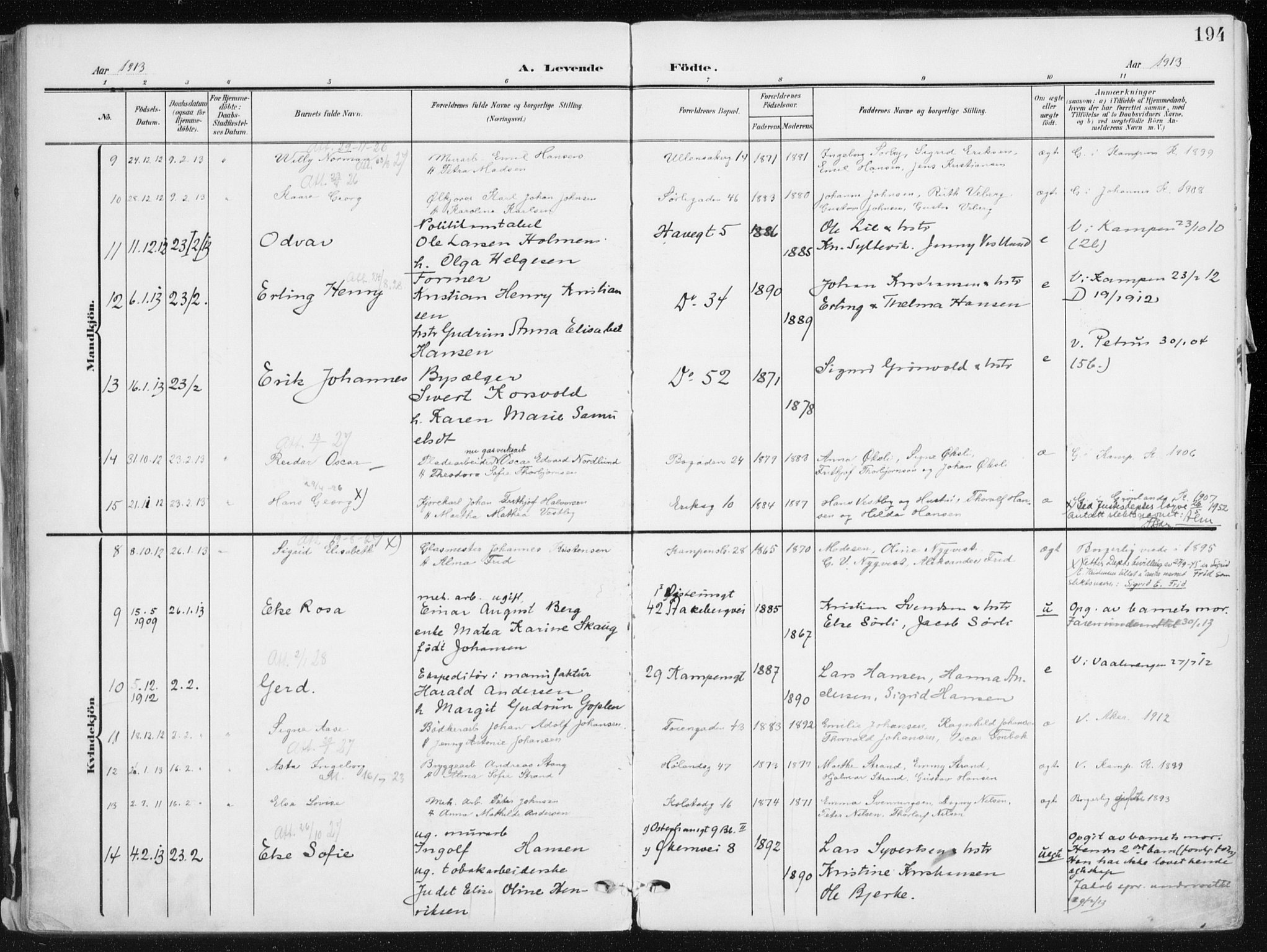 Kampen prestekontor Kirkebøker, AV/SAO-A-10853/F/Fa/L0010: Parish register (official) no. I 10, 1905-1917, p. 194