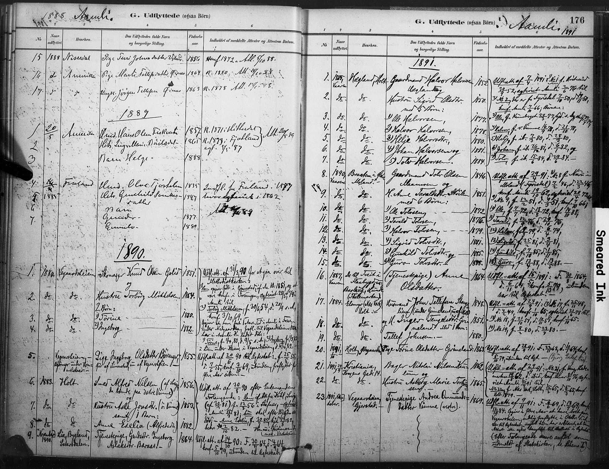 Åmli sokneprestkontor, SAK/1111-0050/F/Fa/Fac/L0010: Parish register (official) no. A 10 /1, 1885-1899, p. 176