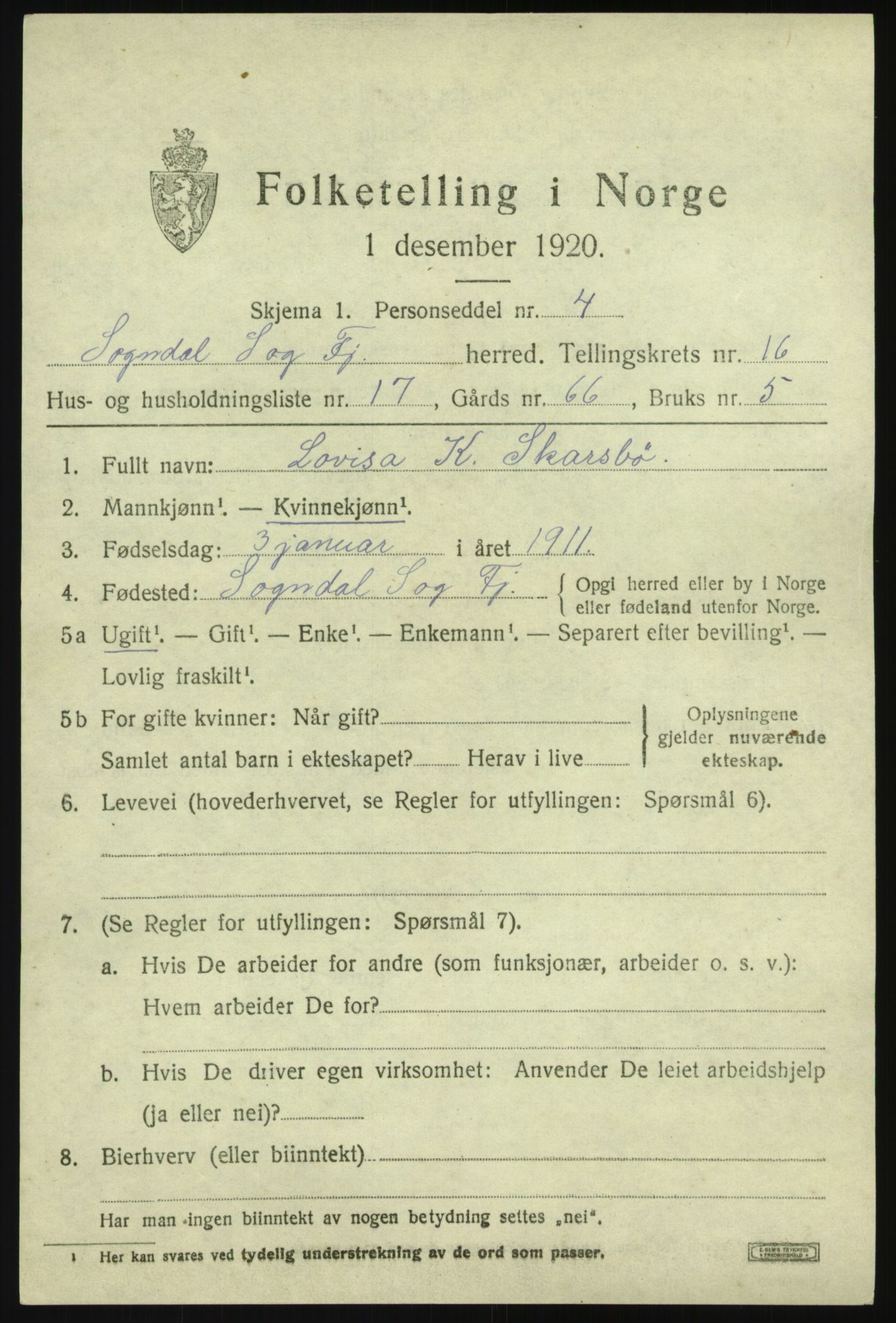 SAB, 1920 census for Sogndal, 1920, p. 6273