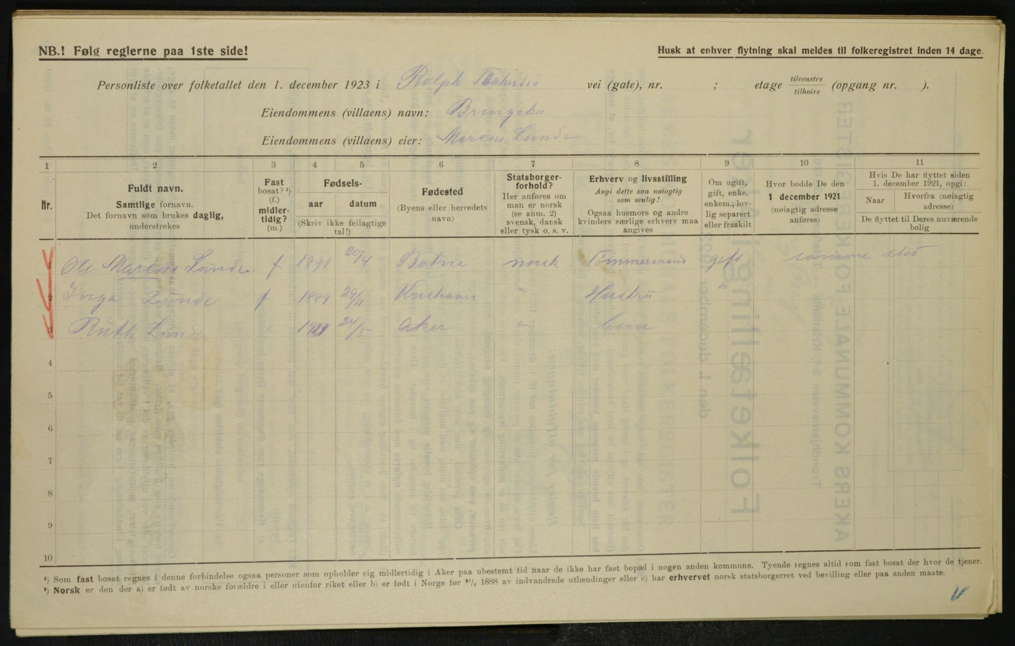 , Municipal Census 1923 for Aker, 1923, p. 27553