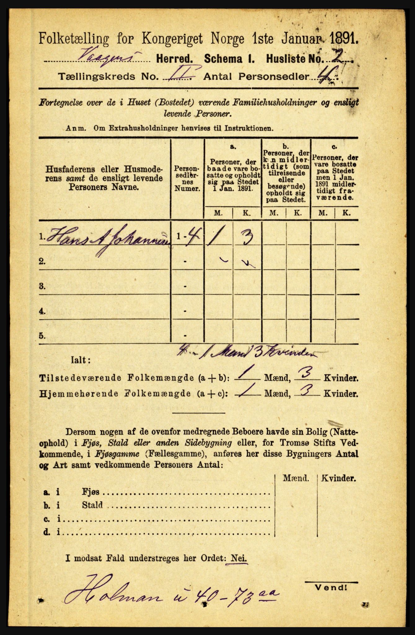 RA, 1891 census for 1865 Vågan, 1891, p. 380