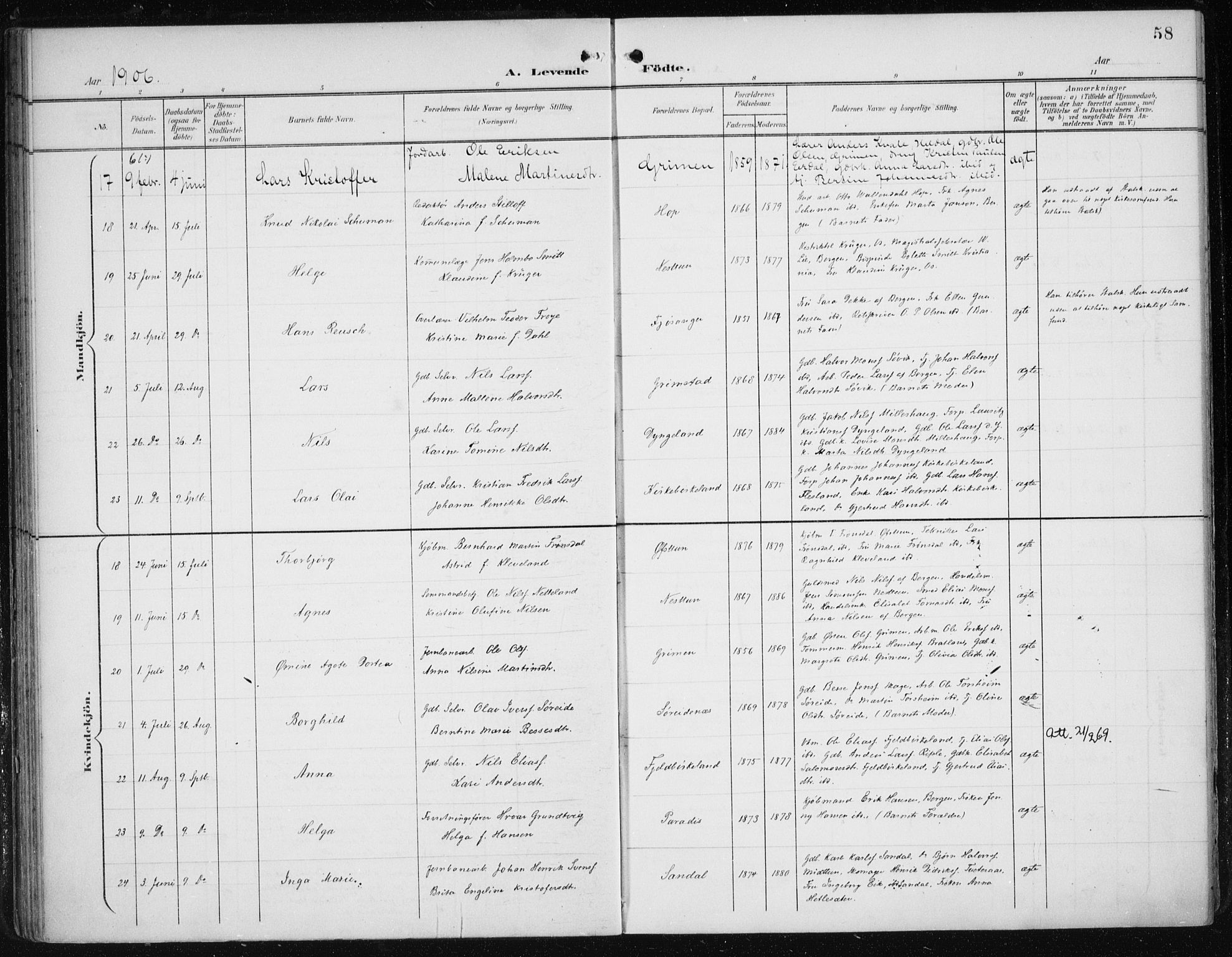 Fana Sokneprestembete, AV/SAB-A-75101/H/Haa/Haai/L0003: Parish register (official) no. I 3, 1900-1912, p. 58