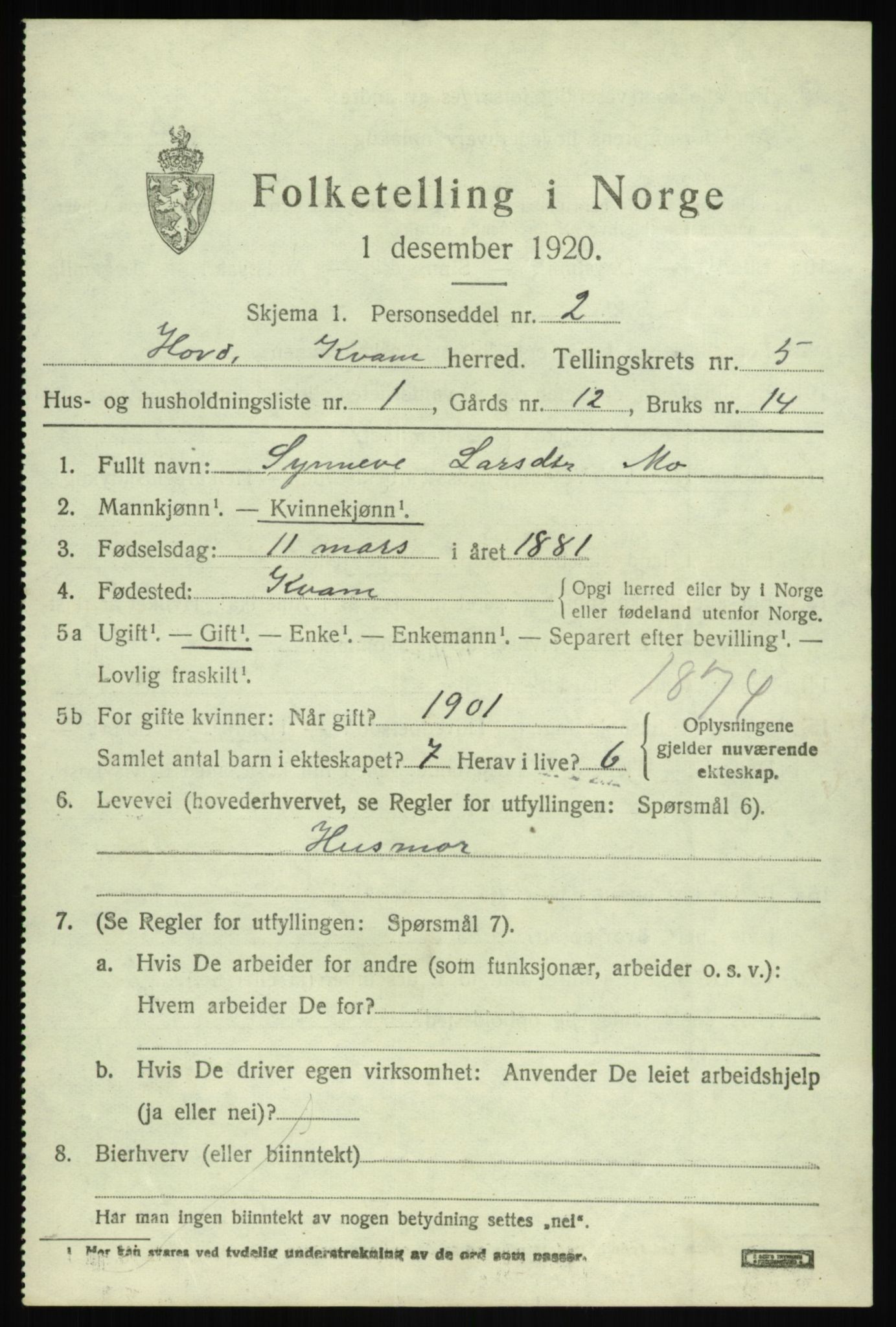 SAB, 1920 census for Kvam, 1920, p. 3773