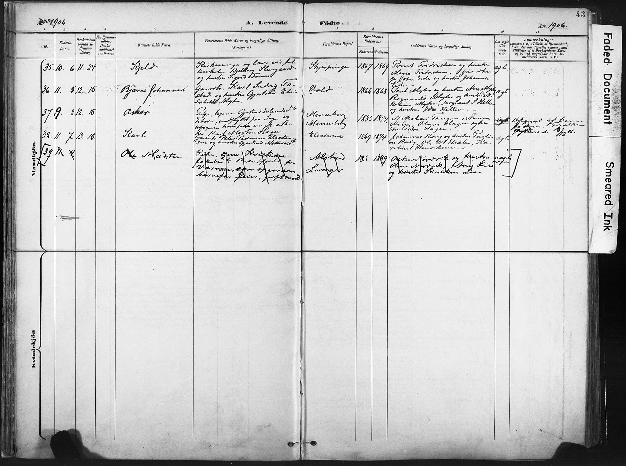 Ministerialprotokoller, klokkerbøker og fødselsregistre - Nord-Trøndelag, AV/SAT-A-1458/717/L0162: Parish register (official) no. 717A12, 1898-1923, p. 43