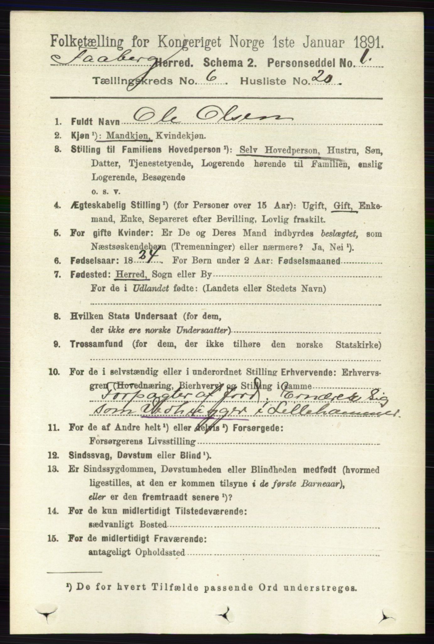 RA, 1891 census for 0524 Fåberg, 1891, p. 2407