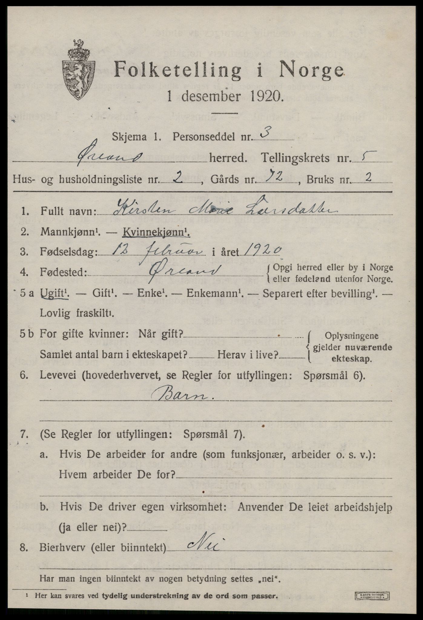 SAT, 1920 census for Ørland, 1920, p. 4503