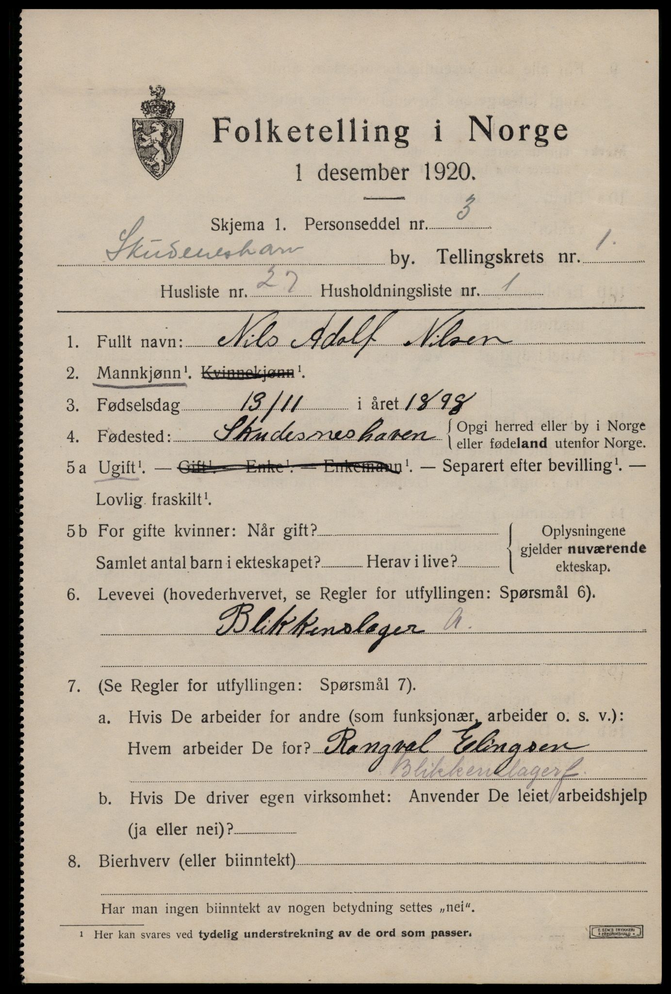 SAST, 1920 census for Skudeneshavn, 1920, p. 1404