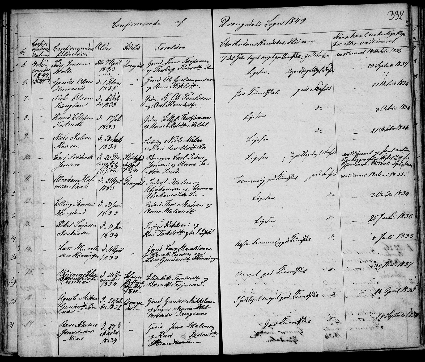 Drangedal kirkebøker, AV/SAKO-A-258/F/Fa/L0007a: Parish register (official) no. 7a, 1837-1856, p. 332