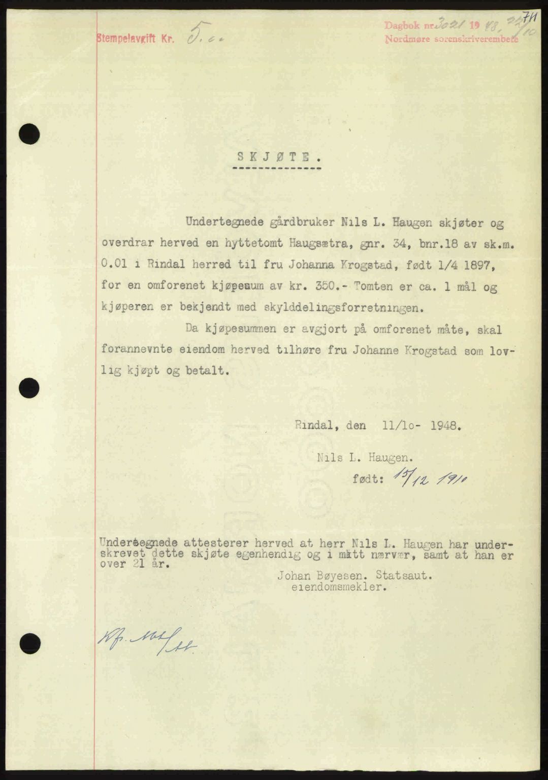 Nordmøre sorenskriveri, AV/SAT-A-4132/1/2/2Ca: Mortgage book no. A109, 1948-1948, Diary no: : 3021/1948