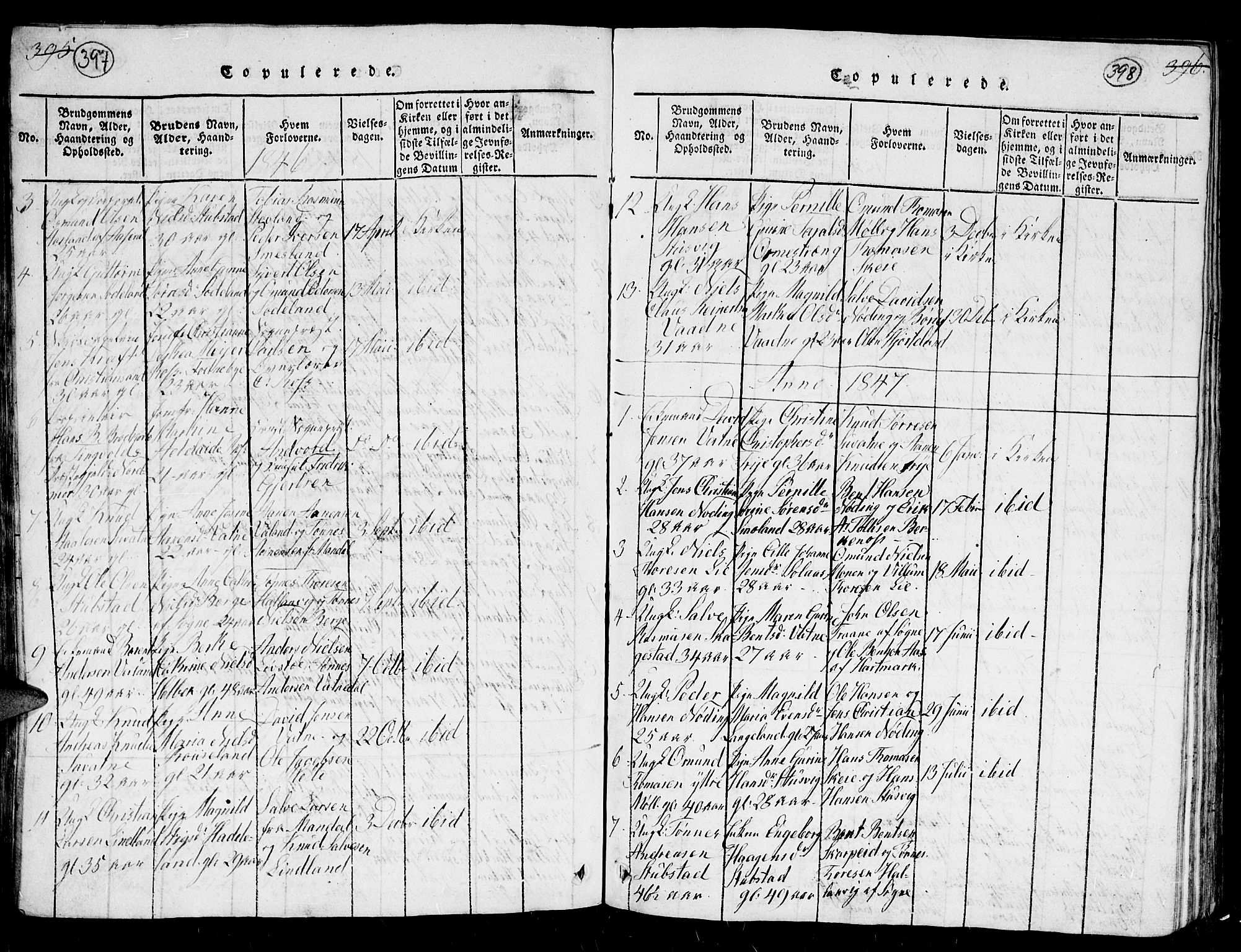 Holum sokneprestkontor, SAK/1111-0022/F/Fb/Fba/L0002: Parish register (copy) no. B 2, 1820-1849, p. 397-398